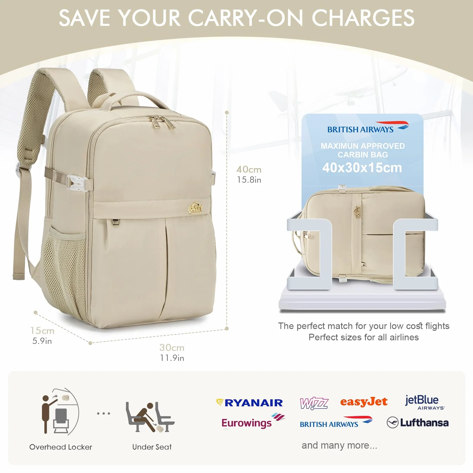 BAGZY Bagaż Podręczny Walizka 40x30x20 Ryanair Wizzair, Torba Podręczna Samolot Plecak Laptop 15,6 Cala Bagaż Podręczny 40x30x20 Transavia Oxford, na Krótkie Wyjazdy, Pracę, Studentów