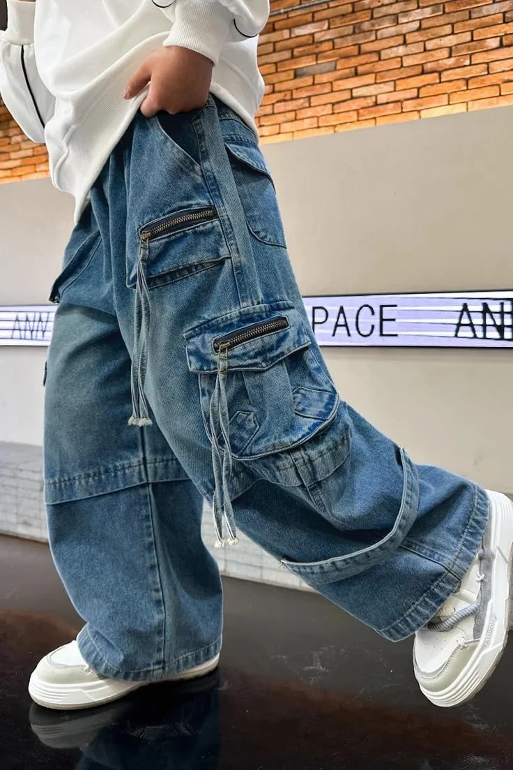 JiAmy Chłopięce spodnie dżinsowe, elastyczny ściągacz, Baggy Jeans chłopięce, szerokie nogawki, Y2k, dziecięce spodnie cargo, bawełna, spodnie dżinsowe dla chłopców i dziewczynek, 120-160 (5-14 lat)