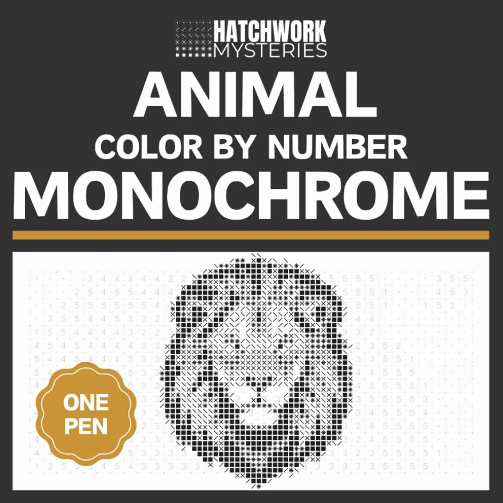 Hatchwork Mysteries. Animal Color by Number Monochrome: A One Color Coloring Book for Adults — 50 Hidden Pictures to Reveal with a Pen | Pixel-Art Quest for Relaxation & Stress Relief