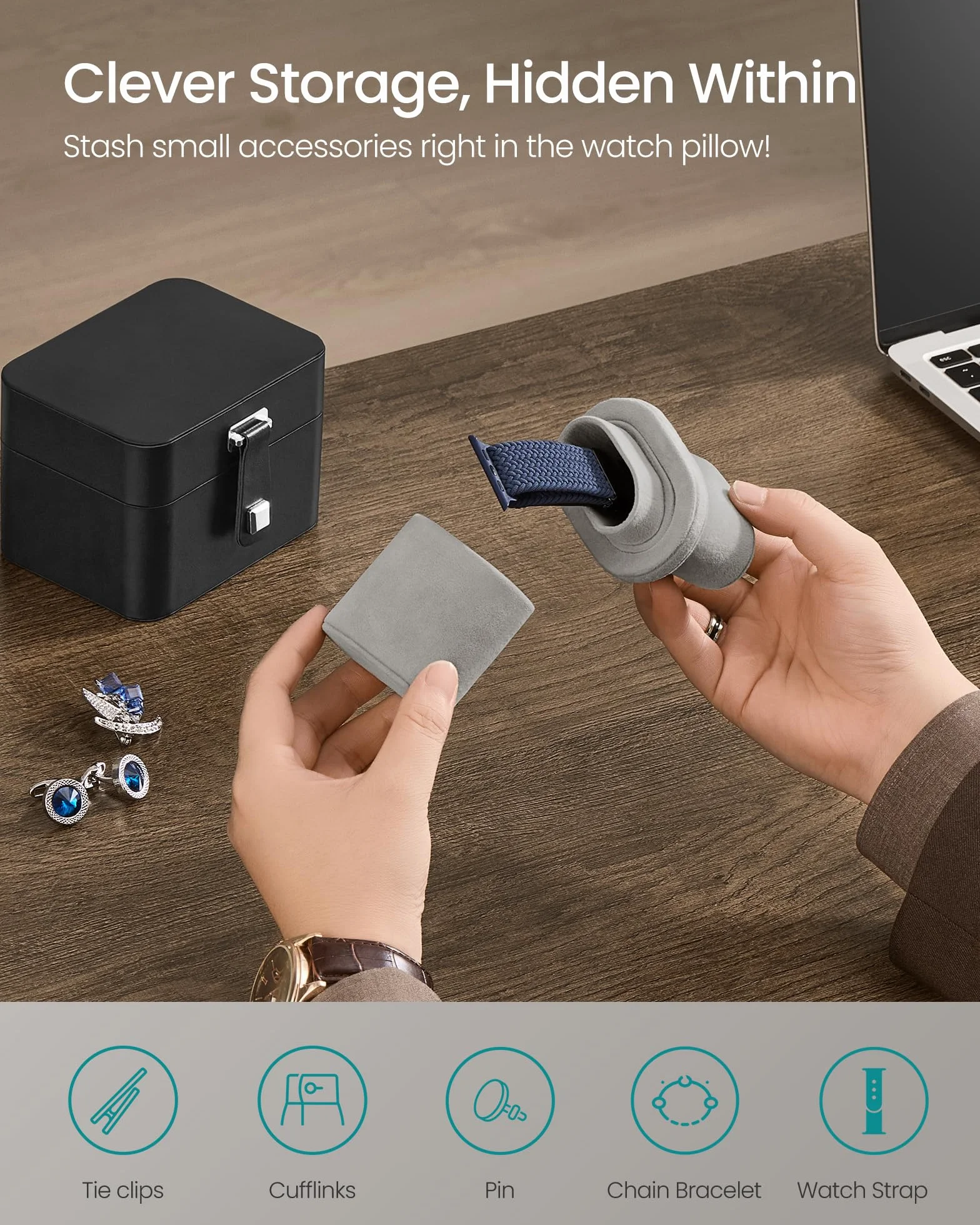 SONGMICS JWB029GD01 pudełko na zegarki do podróży z 2 przegródkami, etui na 2 zegarki, poduszka z ukrytym przechowywaniem, regulowana przegródka, kieszeń z klapką, 10,1 x 12 x 8,5 cm, pomysł na