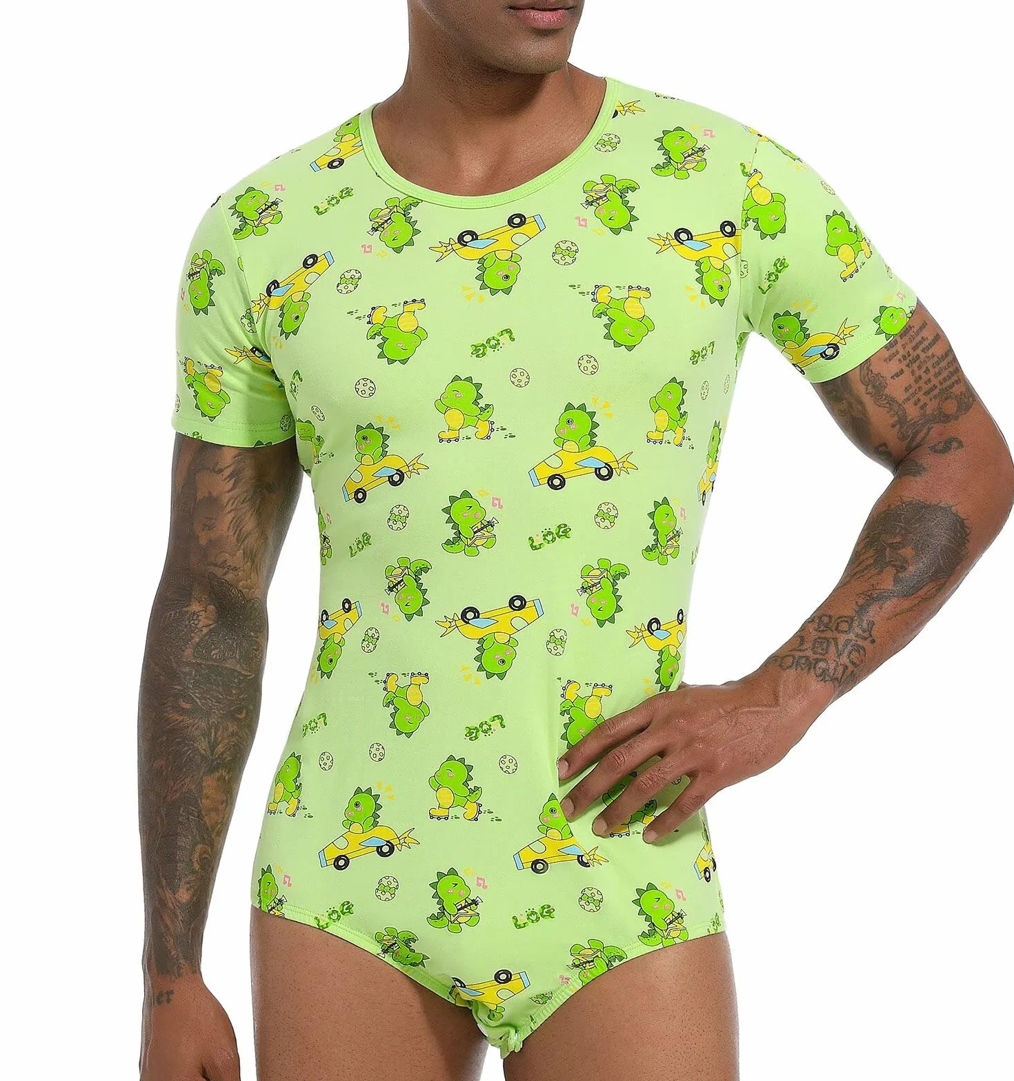 Landofgenie Onesie Mężczyźni Krótki Rękaw Bodysuit One Piece Pidżama Rompers Dinosaur Rudy