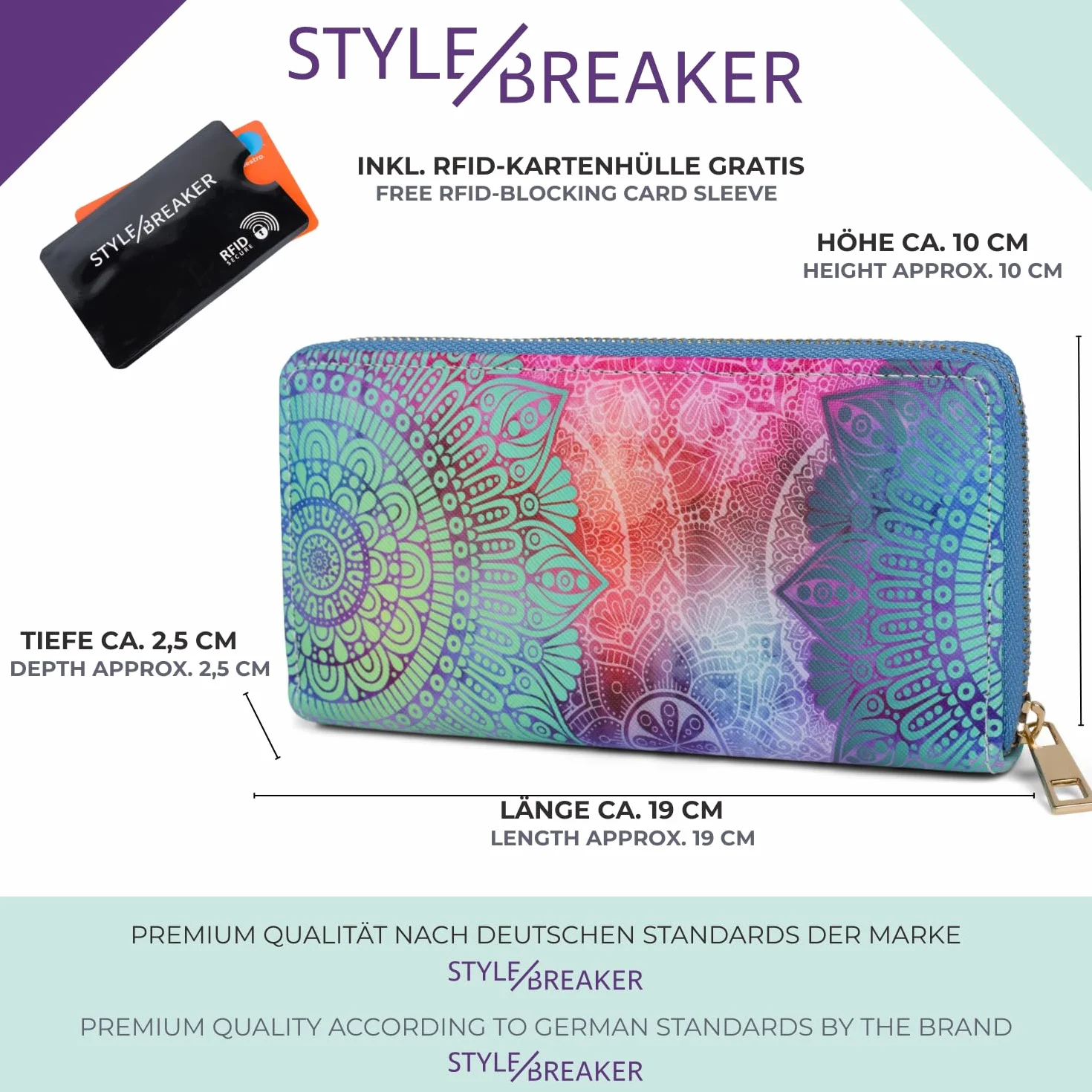 styleBREAKER 02040145 Portfel damski z motywem paisley, mandala z zamkiem błyskawicznym, Zielony/fioletowy/różowy, Einheitsgröße, Nowoczesny