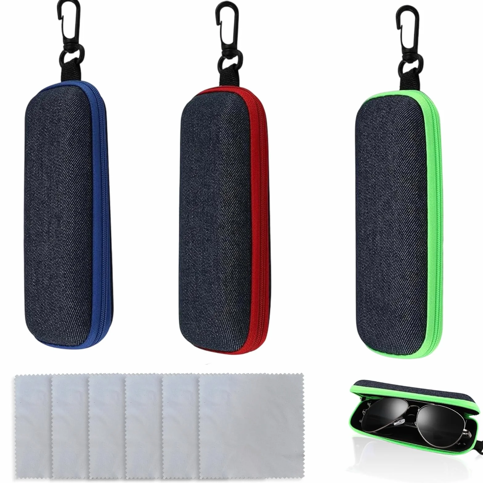 3 sztuki etui na okulary, modne przenośne etui na okulary z zamkiem błyskawicznym i karabińczykiem, w zestawie 6 ściereczek do czyszczenia z mikrofibry, pudełko na okulary, klucze i