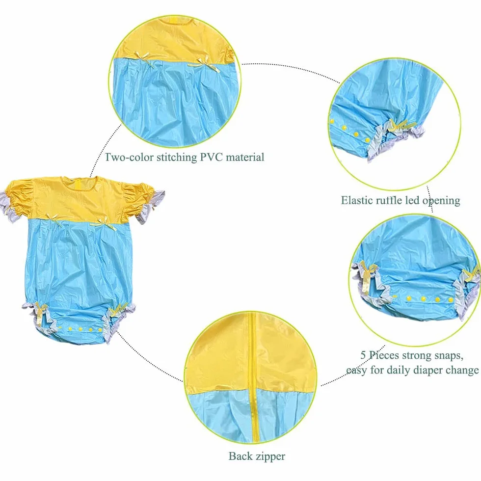 Dwukolorowy patchworkowy uroczy krótki rękaw TPU ABDL Onesie Pieluchy dla niemowląt Miłośnik (ABDL) guzik Krocze Romper Body Plastikowe Onesie