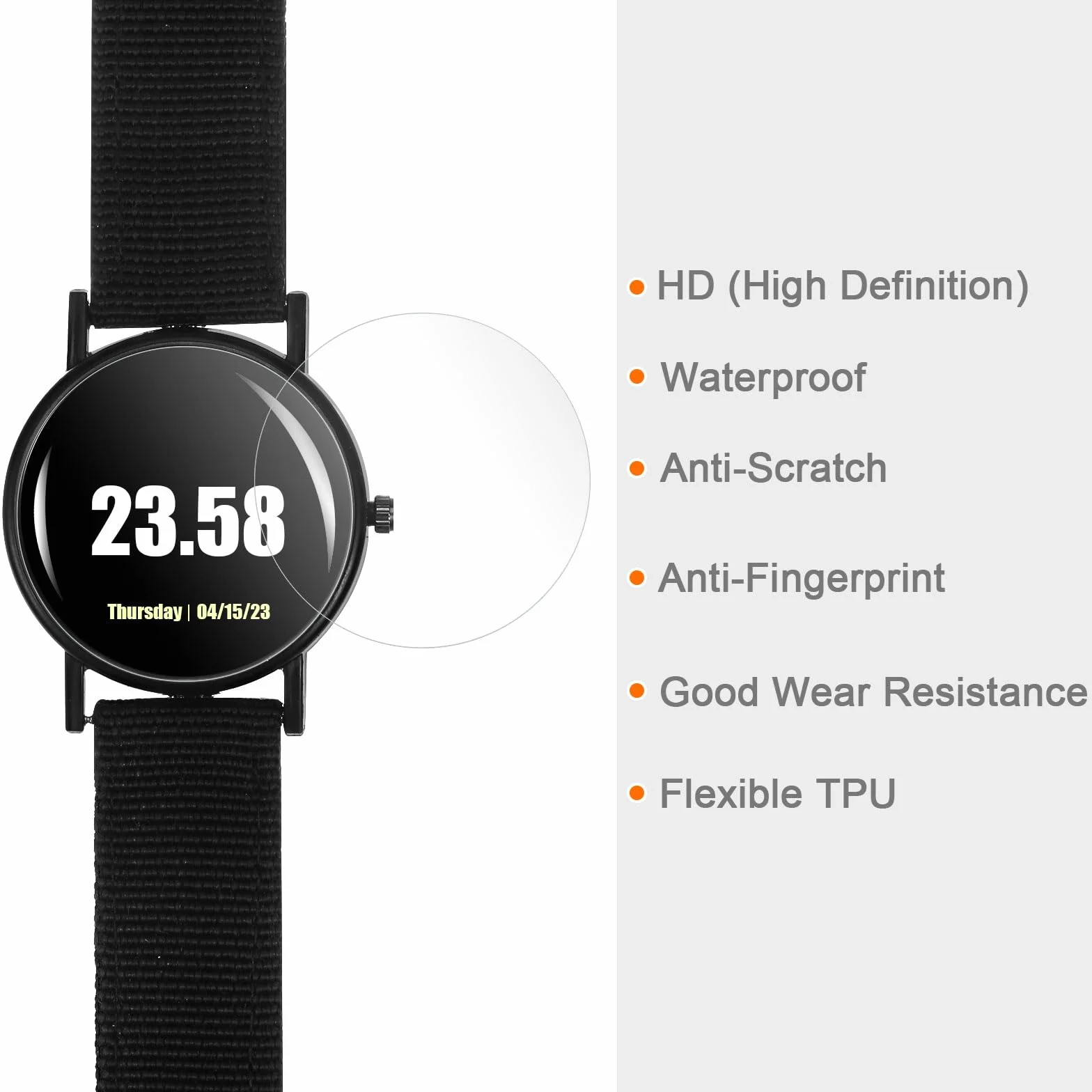 QUARKZMAN 6 sztuk folii ochronnych na wyświetlacz 30 mm HD High Definition, odporne na zarysowania, wodoodporne, ultra cienkie, TPU, uniwersalne etui do smartwatcha, folia ochronna na ekran z tkaniny,