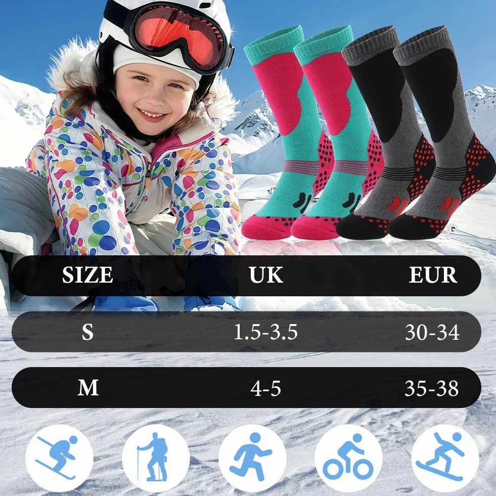 flintronic Skarpety narciarskie dla dzieci, 2 pary termicznych skarpet narciarskich dla chłopców i dziewczynek, grube długie skarpety dla dzieci, narciarstwo, snowboard, łyżwiarstwo