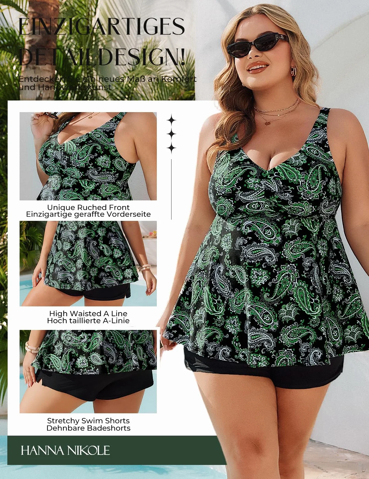 Hanna Nikole Damskie zestawy tankini plus size, 2-częściowe stroje kąpielowe z kontrolą brzucha, stroje kąpielowe z nadrukiem w linii A, szorty z kieszenią