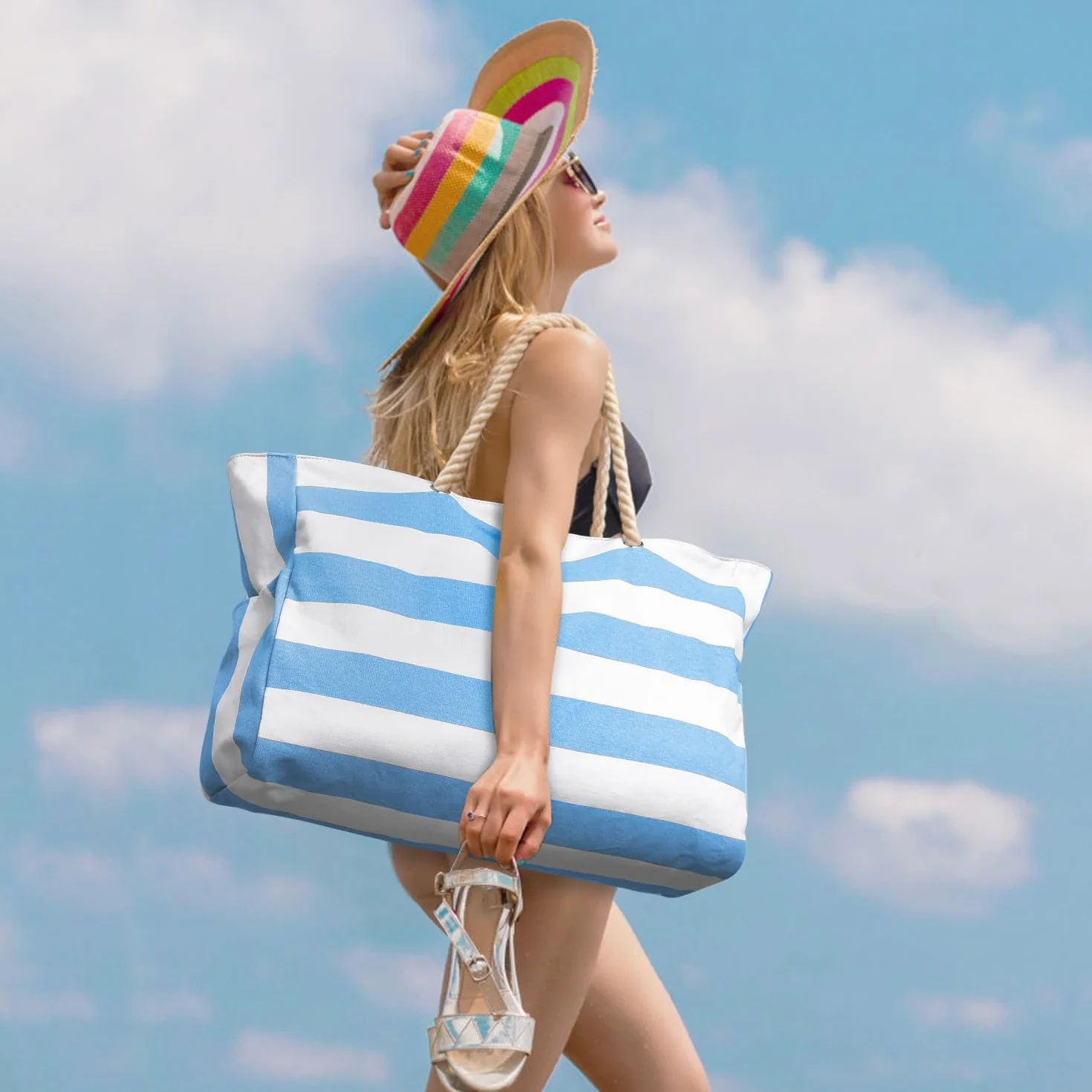 oscaurt Torba plażowa w paski, wodoszczelna torba plażowa, duża, z zamkiem błyskawicznym, torba plażowa XXL, rodzinna torba na zakupy, torba na ramię, torba podróżna
