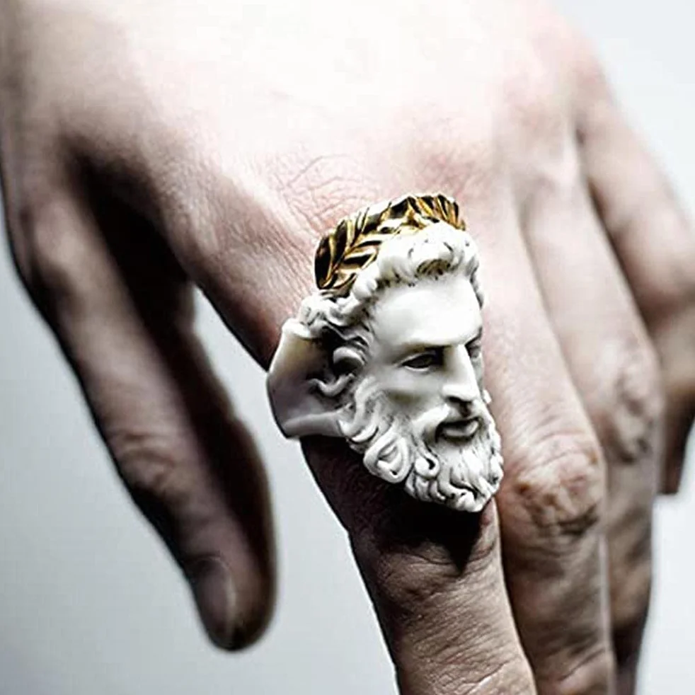 Pierścionek z rzeźbą w stylu vintage, mitologia, meduza, zeus, vintage, rzeźba, królowa, prezent dla kobiet i mężczyzn, przesadzony pierścionek w kształcie starca, 7 rozmiarów, No.9, å ‡'