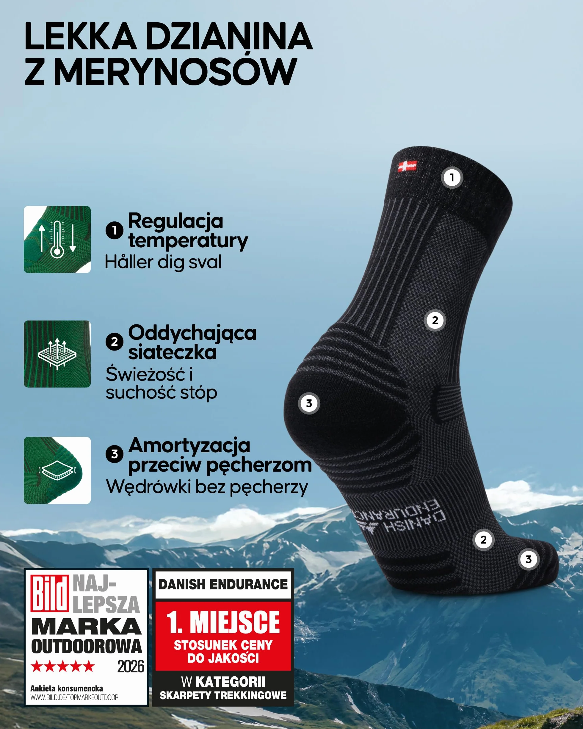 DANISH ENDURANCE Letnie Skarpety Trekkinowe z Wełny Merino, Termoaktywne, Turystyczne, Męskie, Damskie i dla Dzieci 3 lub 5 Pak