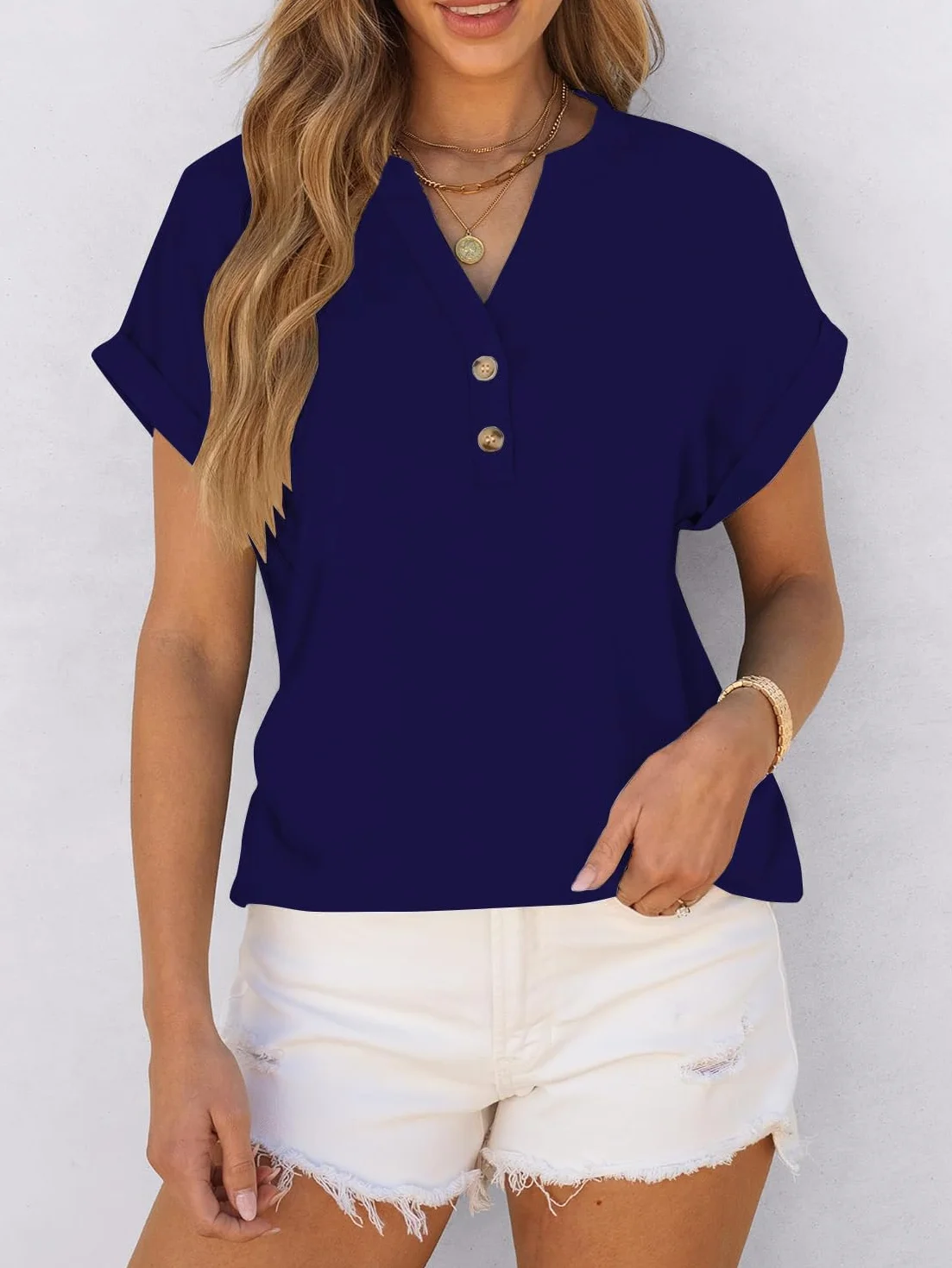 Cuptacc T-shirty Damska V-Wycięcie Oversize Koszula Damska Lato Krótki Rękaw Elegancka Z Listwa Guzikowa Top