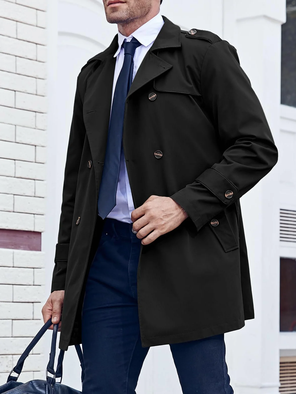 Runcati Męski trencz, slim fit, dwurzędowy, średniej długości, klasyczny biznesowy, casualowy, jesienny, wiatroszczelny płaszcz