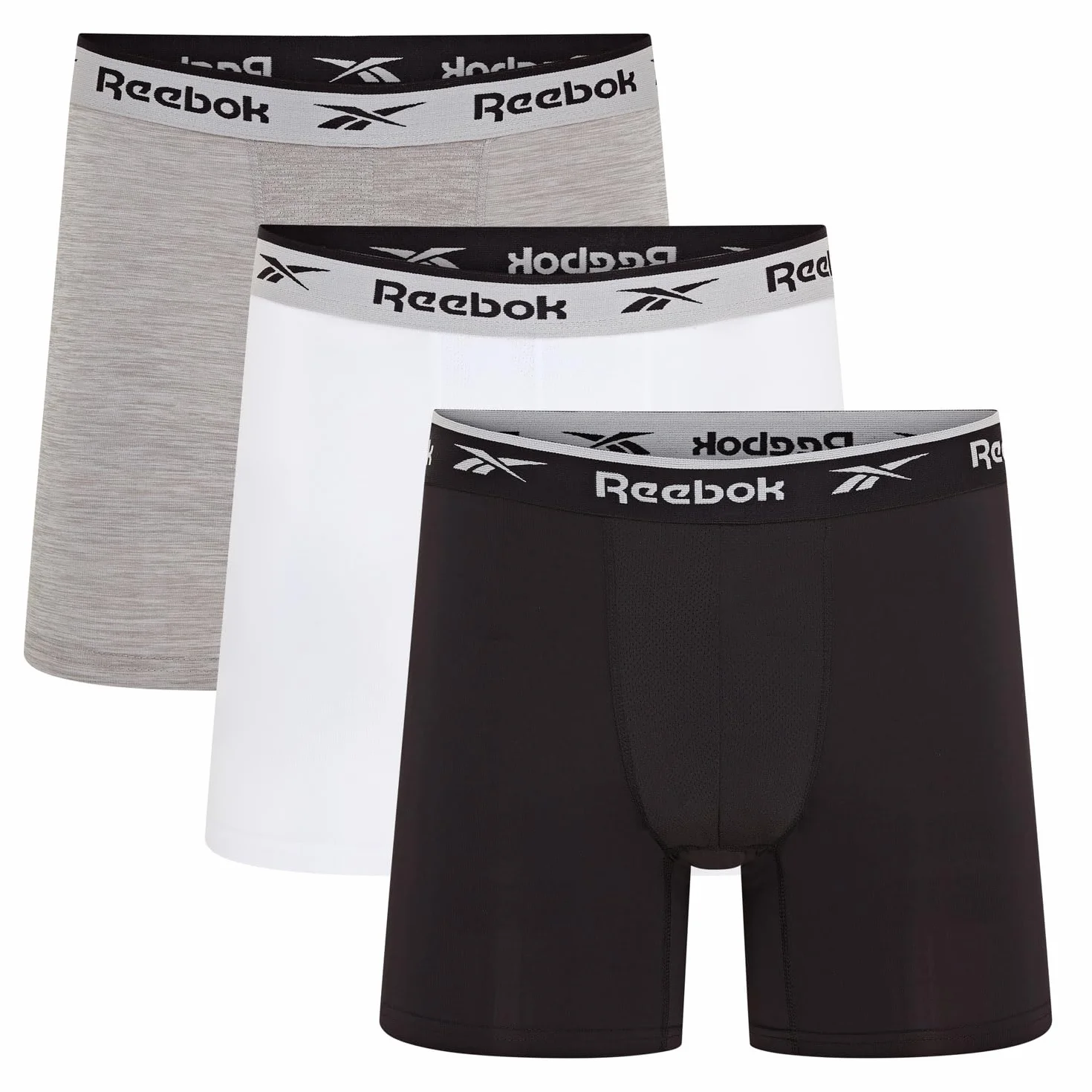 Reebok Ainslie Bokserki dla mężczyzn, 3 sztuki, męskie bokserki sportowe, oddychająca i rozciągliwa bielizna dla mężczyzn, wielopak bokserek, czarny/biały/szary, marl, Czarny/biały/szary marl, M