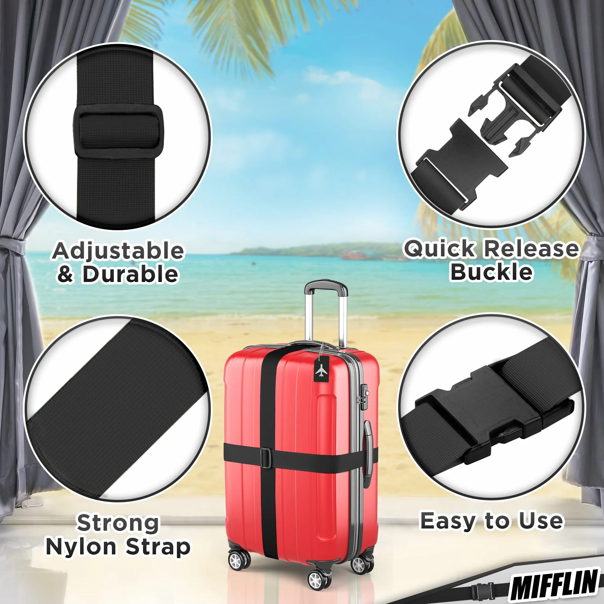 Luggage Straps - Black, 2m Long, 5cm Wide, 4 Pack - Adjustable Nylon Belt for Travel Suitcases & Bags - by Mifflin