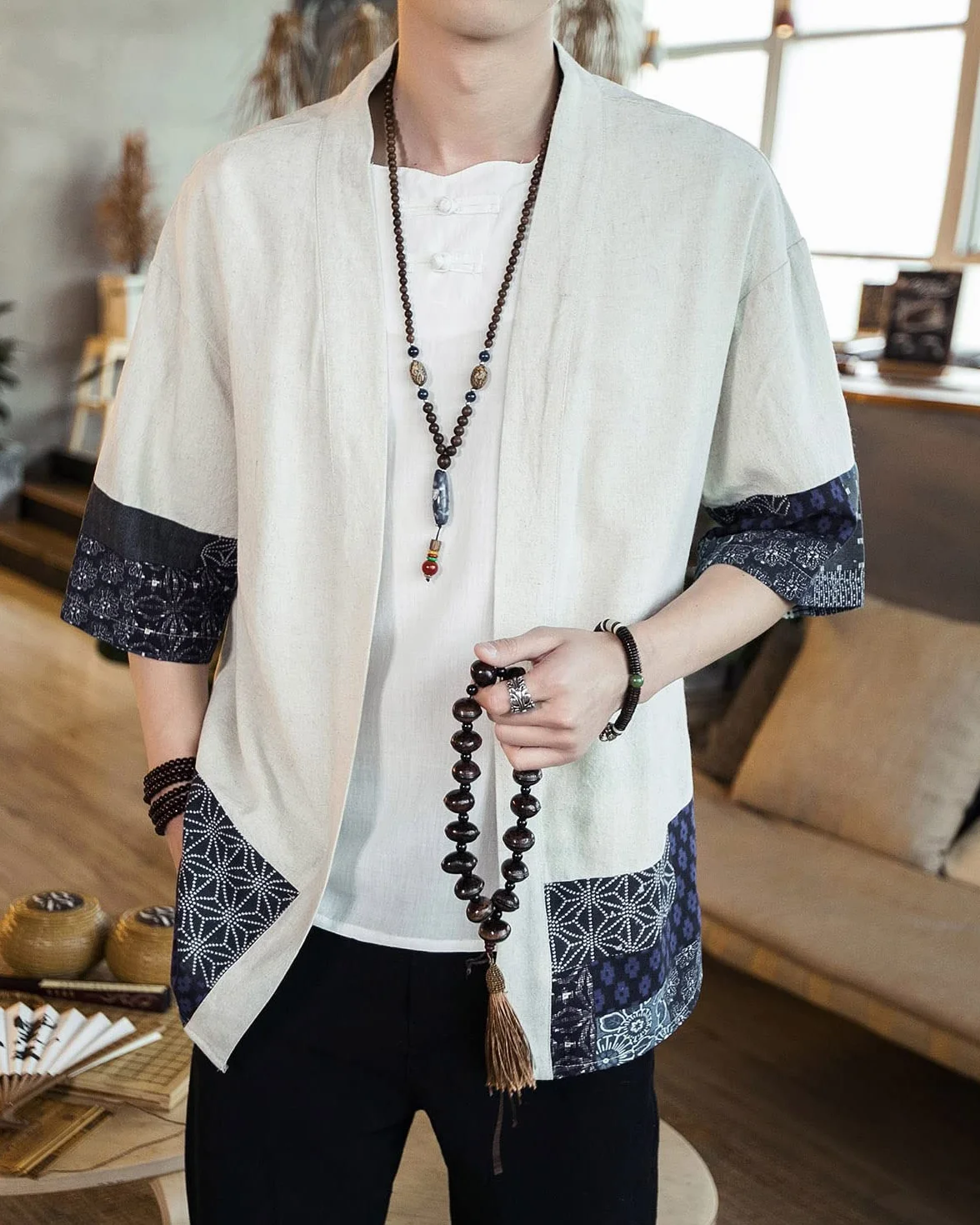 Męskie japońskie kimono kardigan luźny bawełniany len rękaw 3/4 otwarty przód na co dzień letnia koszula kurtki