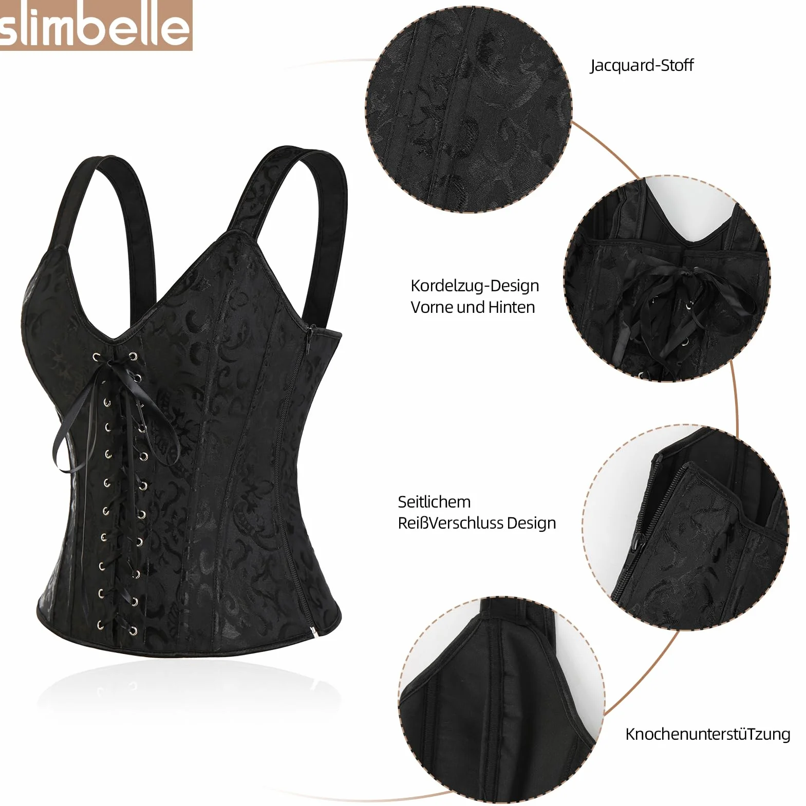 SLIMBELLE Gorset dla kobiet vintage gotycki gorset bielizna ślubna sznurowany top zamek błyskawiczny z paskami na ramiona i sznurkiem G beżowy czarny