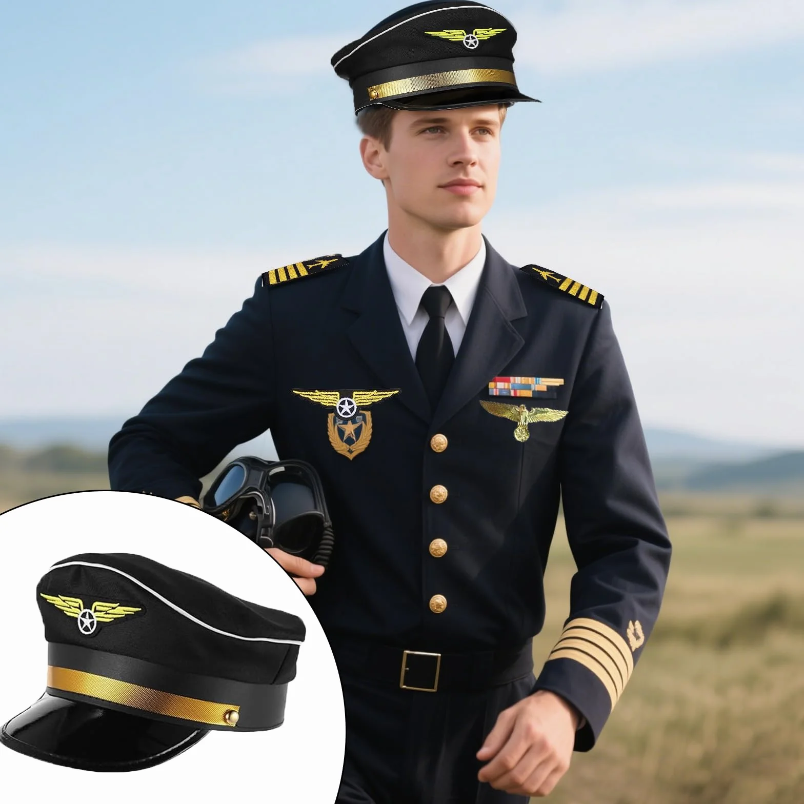 Kostium pilota, kostium kapitana, akcesoria do kostiumu, zestaw pilotów, kapitan, karnawał, pagony, paski, kapelusz pilotka, dla dorosłych i mężczyzn, na imprezę (czarny)
