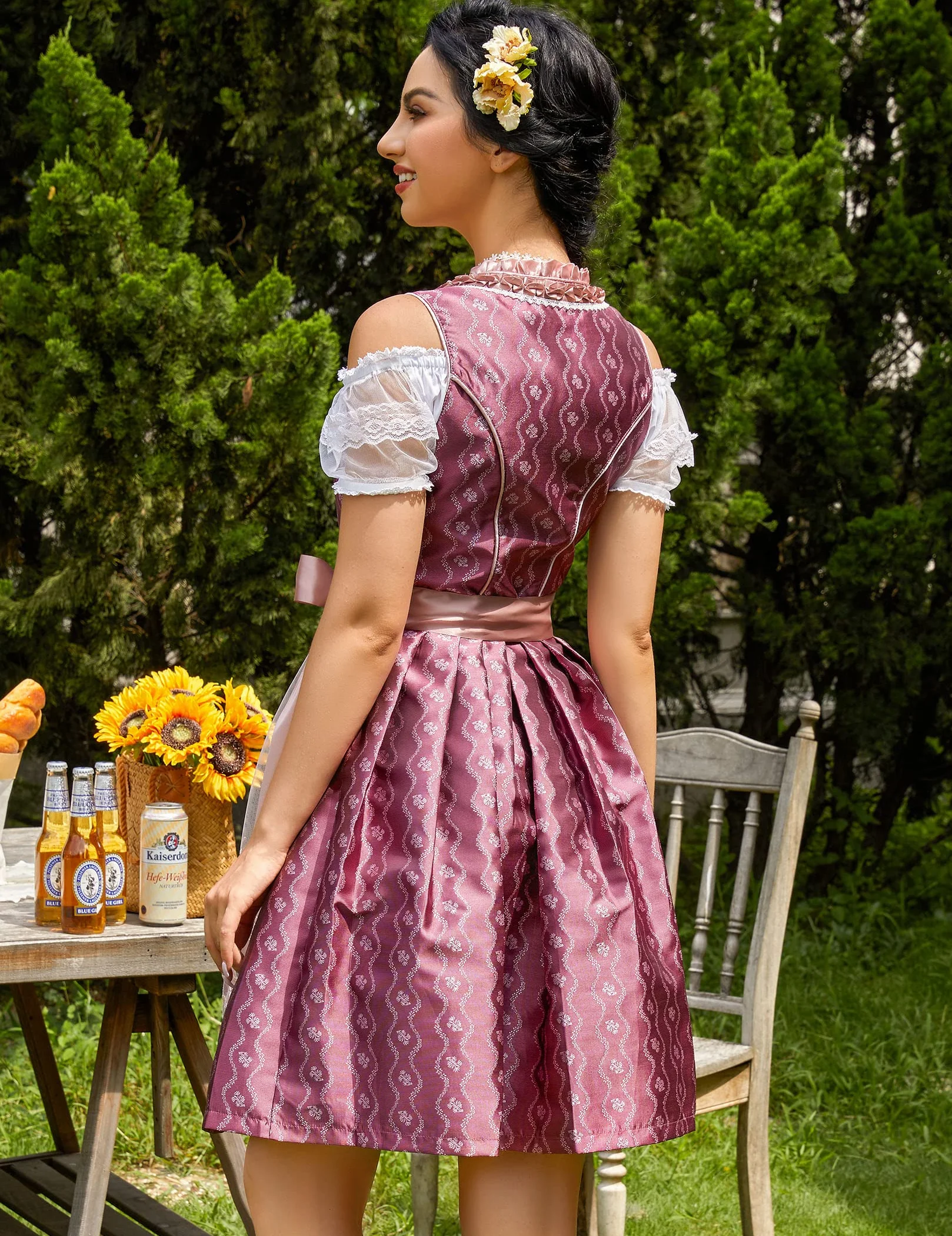 Clearlove damska sukienka midi typu Dirndl, na Oktoberfest, karnawał, trzy elementy: sukienka, bluzka, fartuch (opakowanie wielokrotnego użytku)., Czerwona końcówka, XL