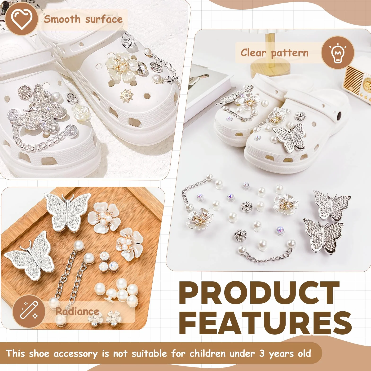20 sztuk Crocs Ornamenty, Charms Crocs z perłowymi łańcuchami, Pin Crocs Motyle Deco, Kwiaty Croc Pin, Zdejmowane DIY Akcesoria Croc dla kobiet Dorosłych