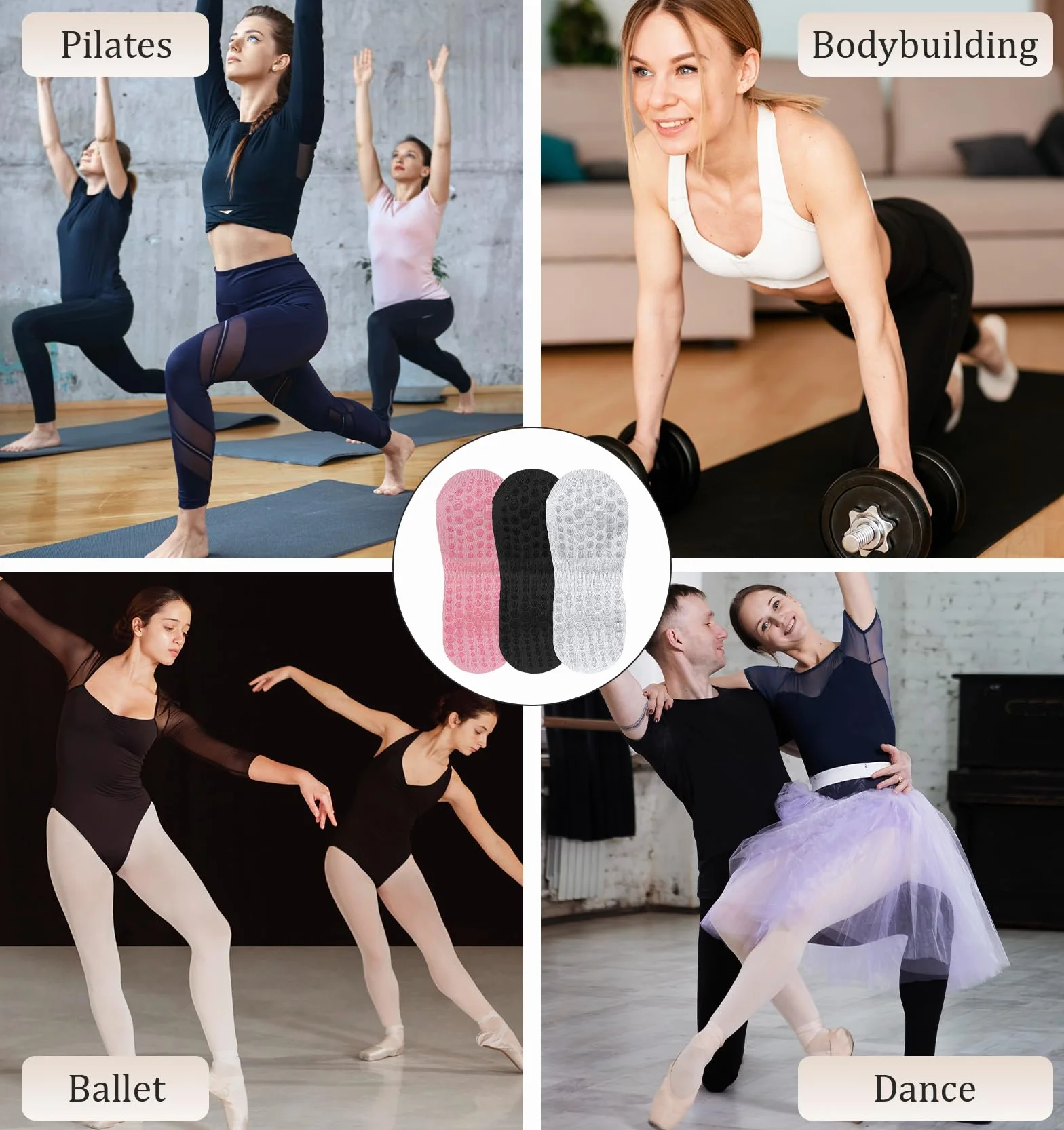 3 pary skarpet do pilatesu, jogi i fitnessu, antypoślizgowe, z wypustkami, oddychające, damskie, 34-40
