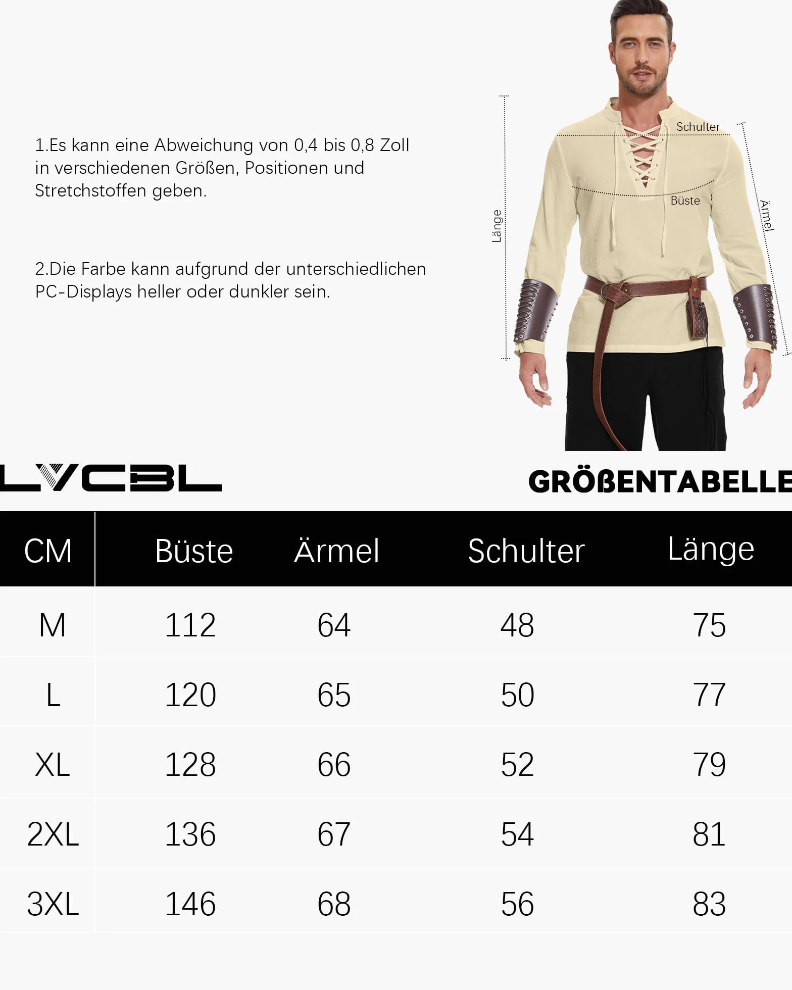 LVCBL Średniowieczna koszula męska, lniana koszula w stylu retro, kostium Wikingów, sznurowana koszula M-3XL