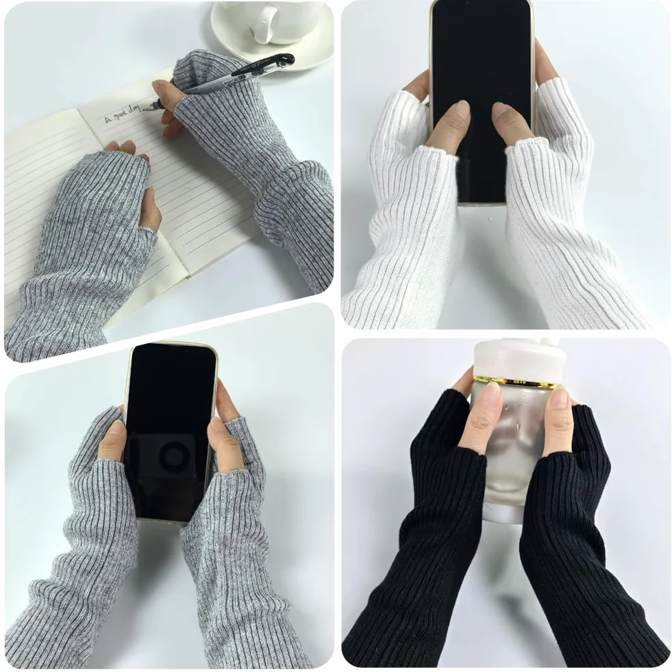 EQLEF Arm Warmers damskie, ciepłe rękawiczki na palce i dłonie długie rękawiczki czarne bez palców damskie rękawiczki do zimowania, Szary, 60*6.5cm