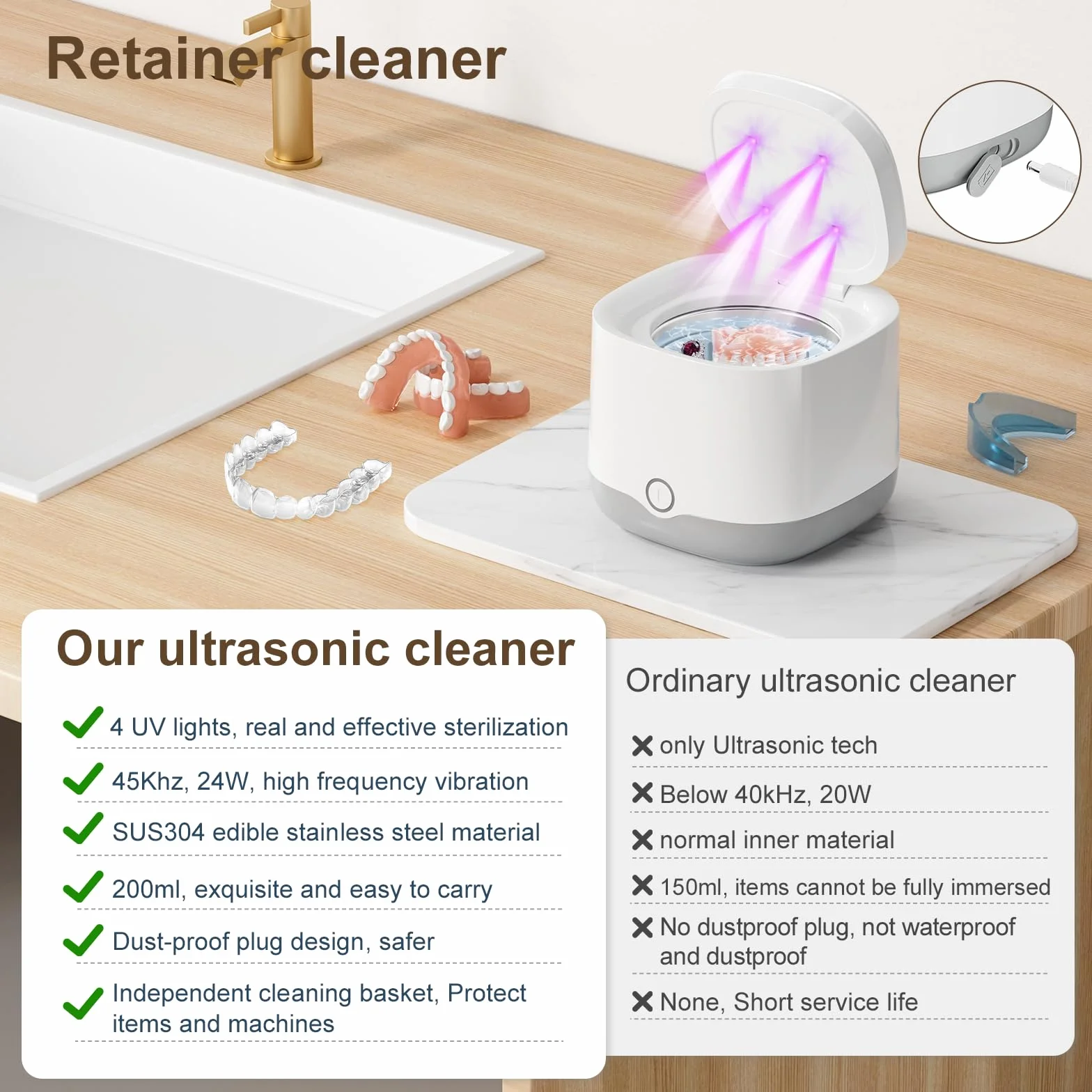 Ultradźwiękowe urządzenie do czyszczenia szyn zębowych UV 45000 Hz 24 W Dental Pod do protez, nakładek, ochraniaczy na zęby, nakładek wybielających, czyszczenie ultradźwiękowe - 5 minut czyszczenia