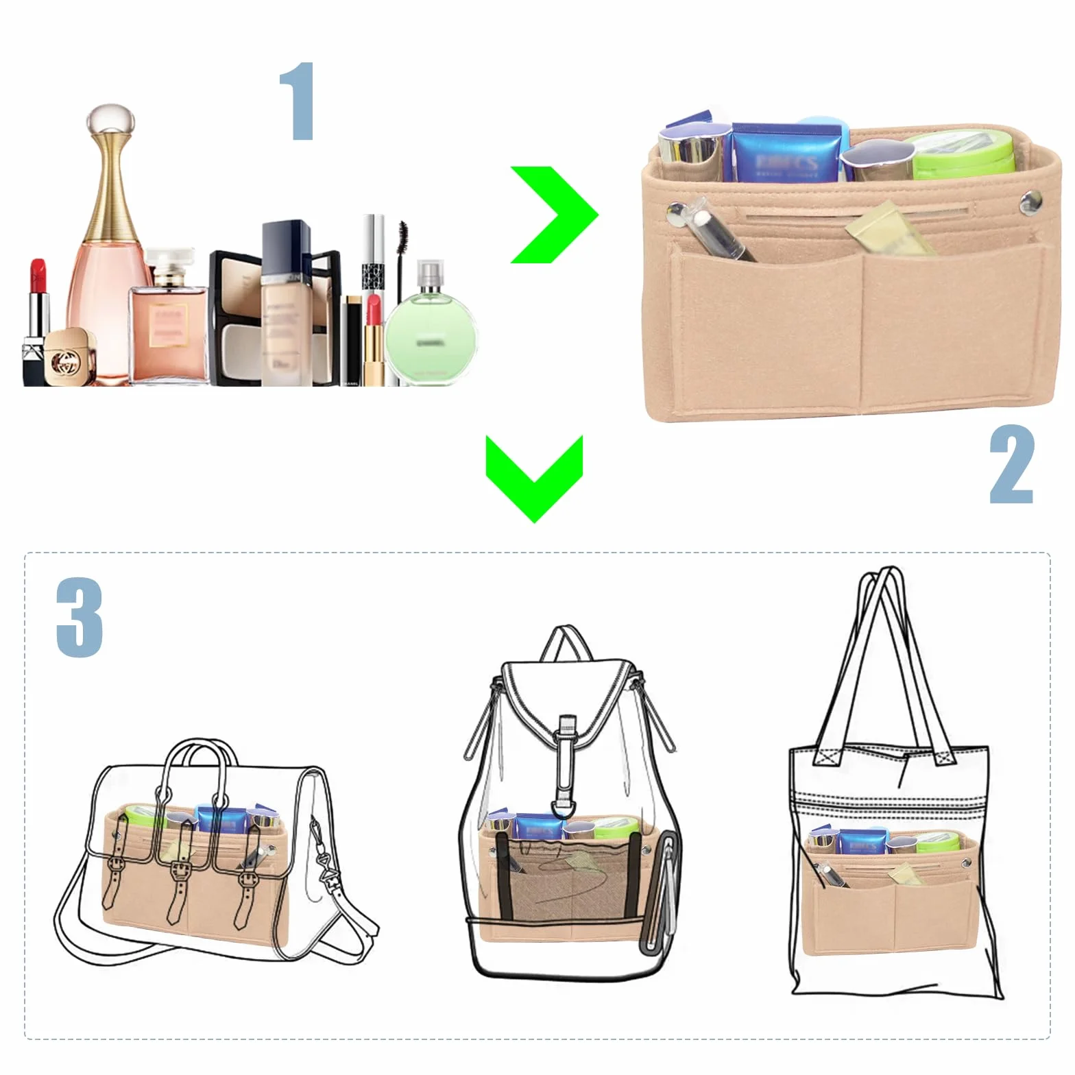 Filcowy organizer do torebki, 24 x 8 x 15 cm, filcowy organizer do torebki, kieszeń wewnętrzna na torebki z wieloma przegródkami (beżowy)