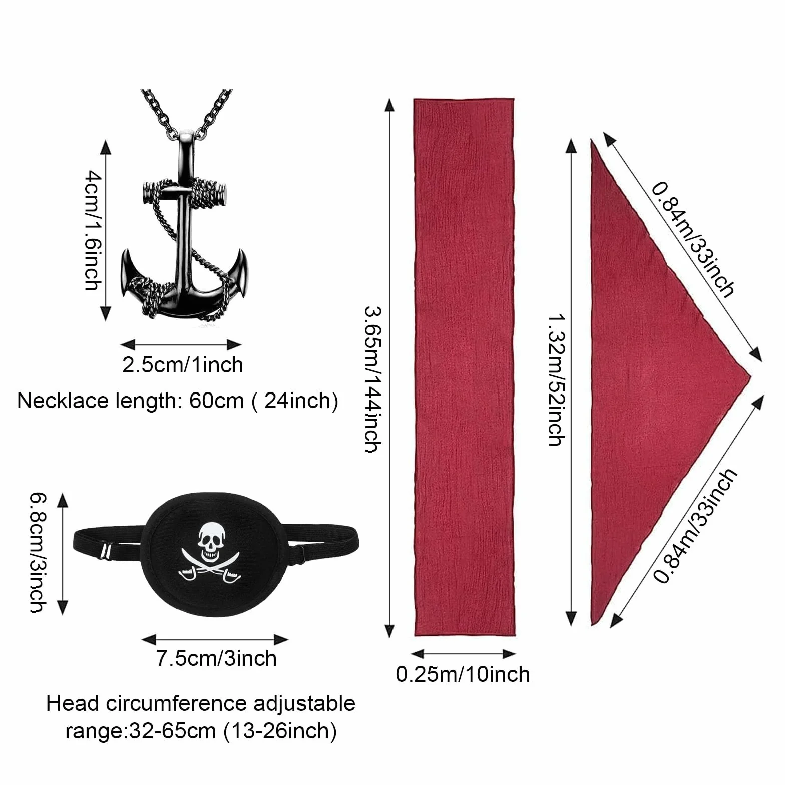 Zestaw 4 kostiumów średniowiecznych, renesansowych piratów, bandana, duża szarfa, pasek, opaska na oko, naszyjnik, akcesoria dla dorosłych, mężczyzn, na imprezę