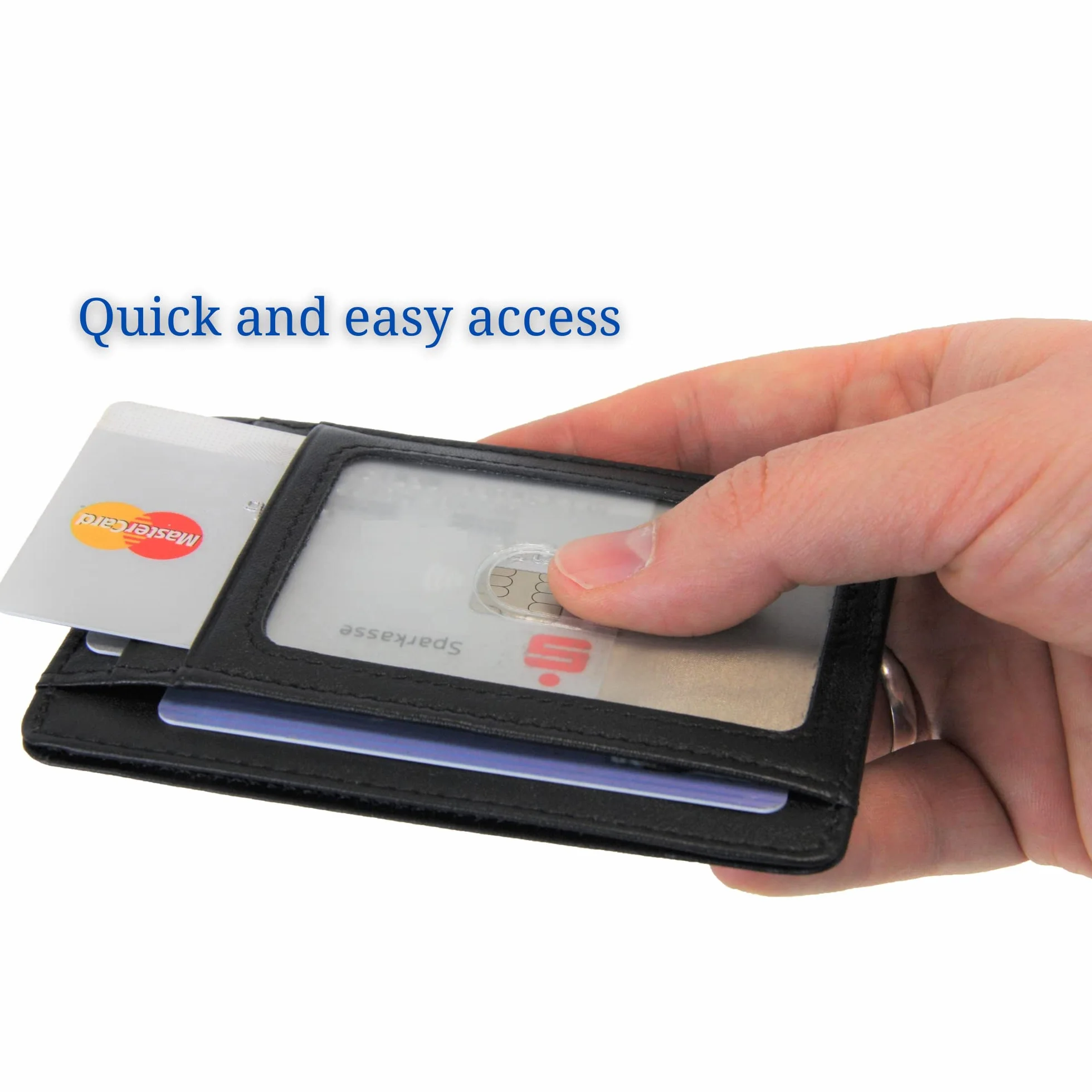 Frentree® Etui na karty ze skóry, bardzo cienkie, z ochroną RFID i okienkiem, minimalistyczna portmonetka na karty płatnicze i banknoty, czarny, Onesize, Minimalistyczny