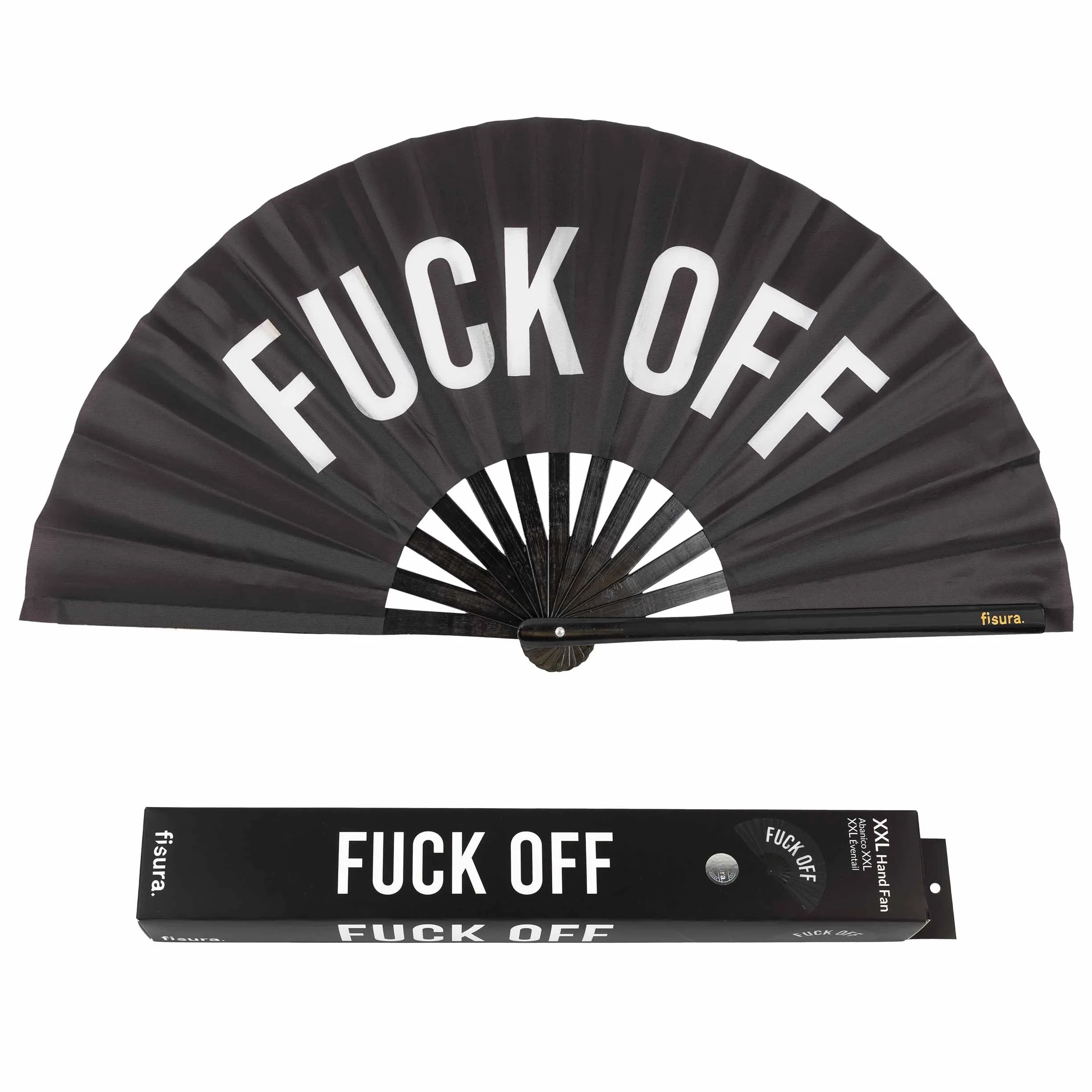 Fisura - duży składany wachlarz "f*CK Off". Oryginalny wachlarz z dużym przesłaniem czarny XXL. Składany wachlarz bambusa. Wymiary: 64 x 33 centymetry.