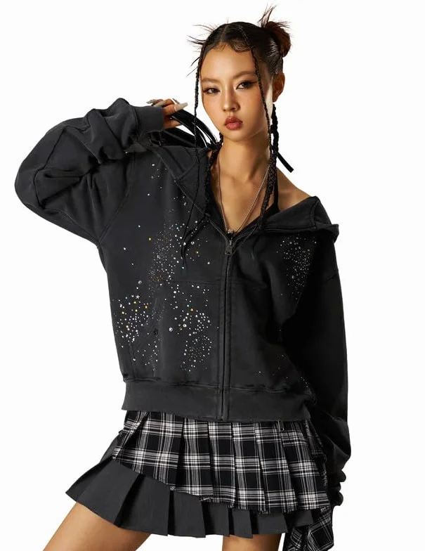 Aelfric Eden Damska bluza z kapturem z kamieniami strasu, męska kurtka z kapturem, streetwear, hip-hop, bluza z kapturem, zamek błyskawiczny z kieszeniami