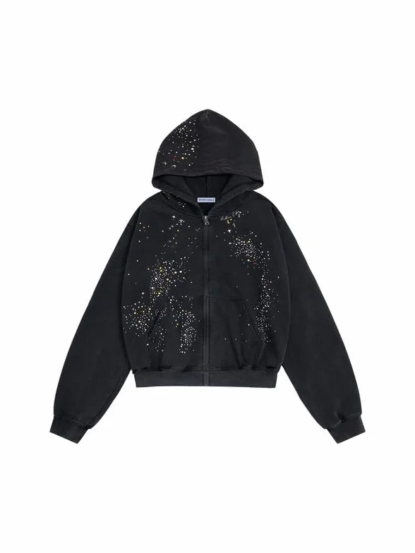 Aelfric Eden Damska bluza z kapturem z kamieniami strasu, męska kurtka z kapturem, streetwear, hip-hop, bluza z kapturem, zamek błyskawiczny z kieszeniami