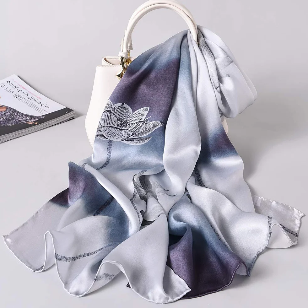 Jedwabny szal damski 100% jedwab, 20+ kolorowy, luksusowy szal, ciepły i miękki, jako chusta jedwabna apaszka Pashmina - 53 * 170 cm, Eleganckie kwiaty 4