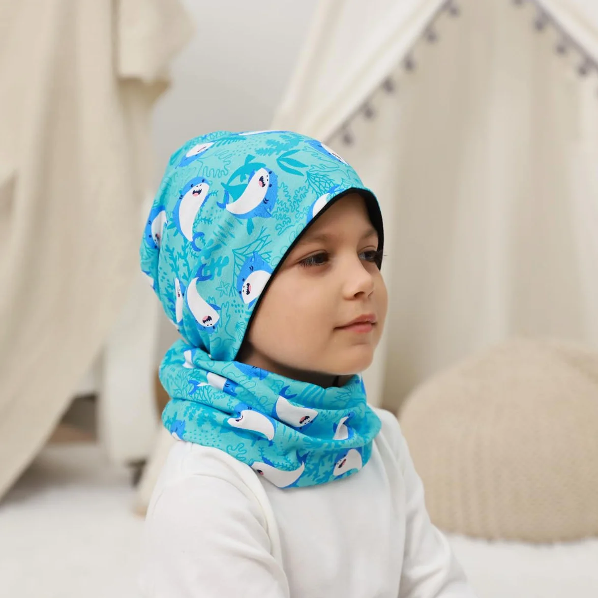 MAKFORT Dziecięca czapka beanie, szalik, szal kominowy, zestaw z bawełny, szal dla chłopców i dziewczynek, na jesień, wiosnę, zimę
