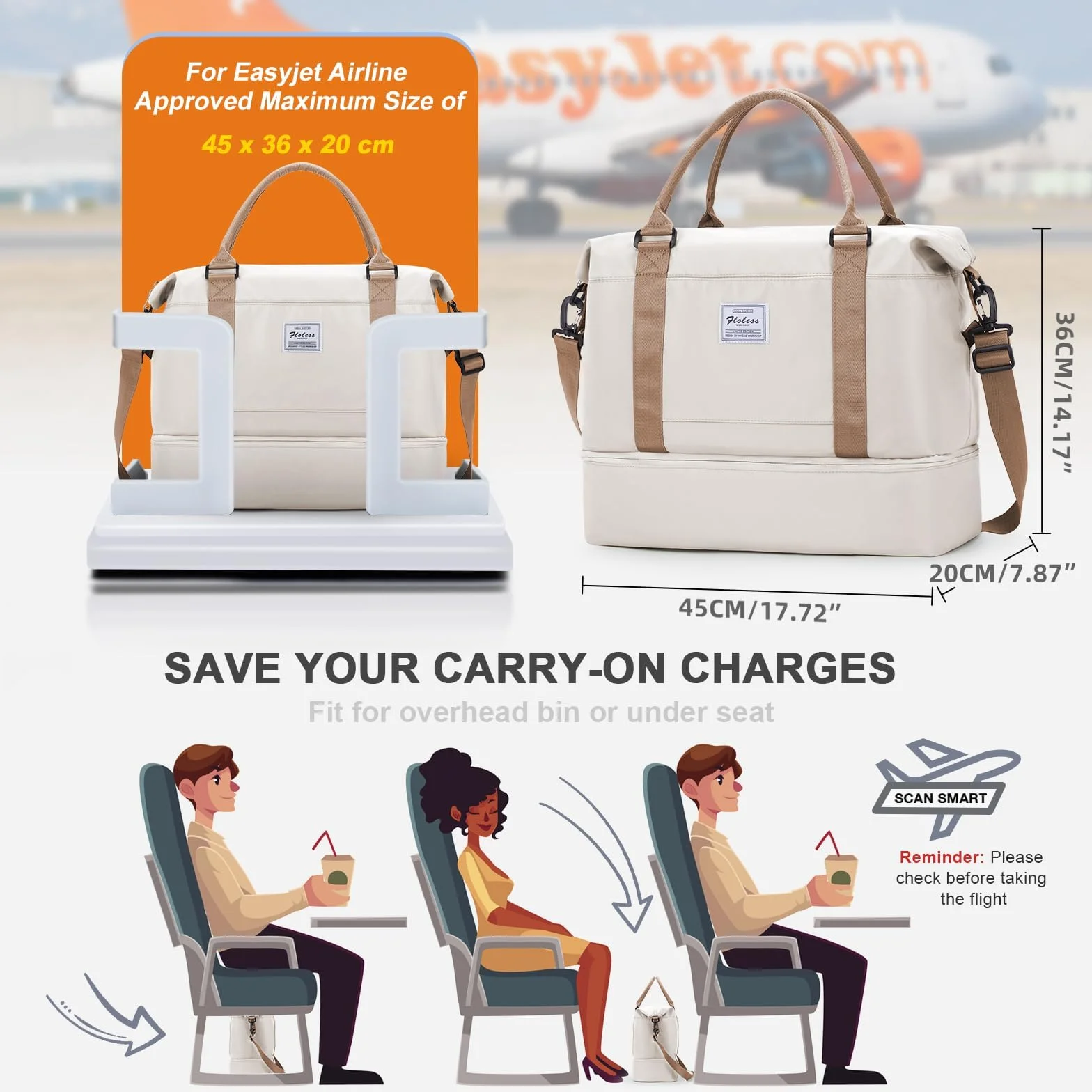 Torba Podróżna Damska 45x36x20 pour Easyjet Bagaż Podręczny Torba Kabinowa Torebka Weekendowa Sportowa dla Kobiet Meska z Przegródką na Buty Wasserdicht Torebka Treningowa,A01-Beżowy z Brązowym