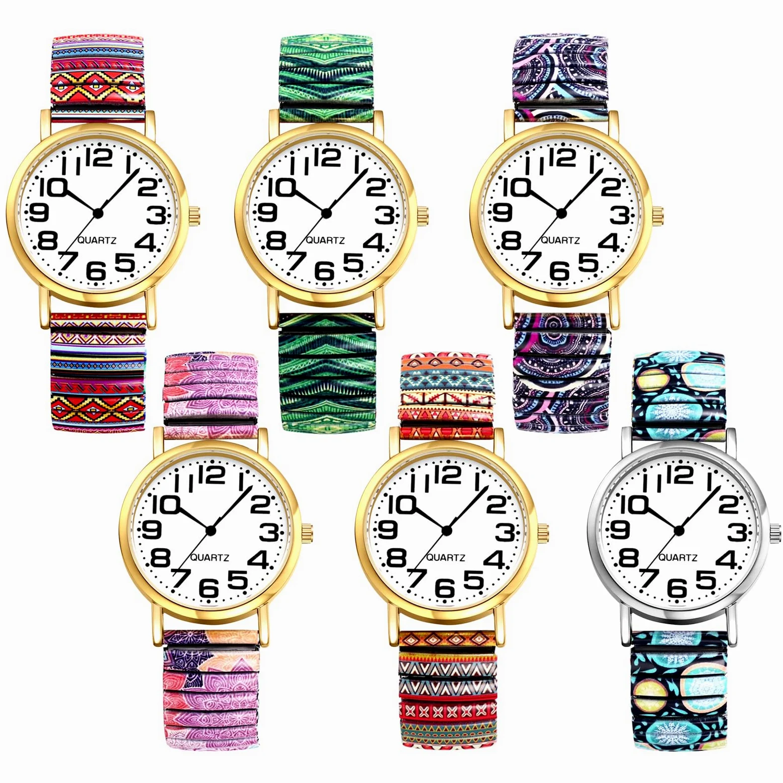 JewelryWe Zegarek damski w stylu boho elastyczny zegarek: 6 sztuk w stylu boho, kolorowe wzory, analogowy, kwarcowy, zegarek na rękę, stal nierdzewna, rozciągliwa bransoletka dla seniorów, zegarek z