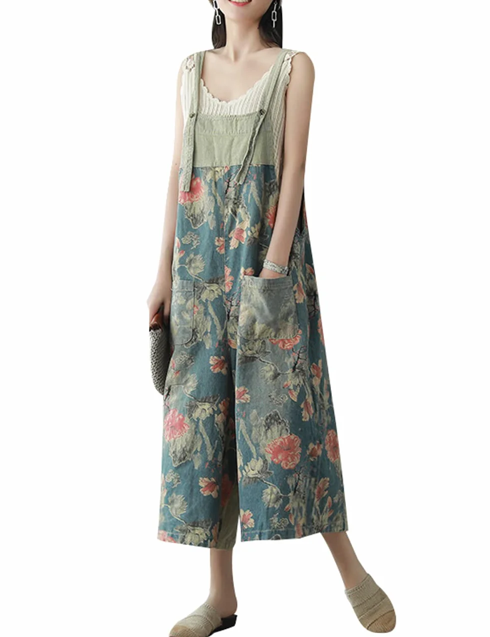 Youlee Damskie letnie wiosenne kombinezony vintage bawełniane ogrodniczki z kieszeniami, styl 7, rozmiar uniwersalny