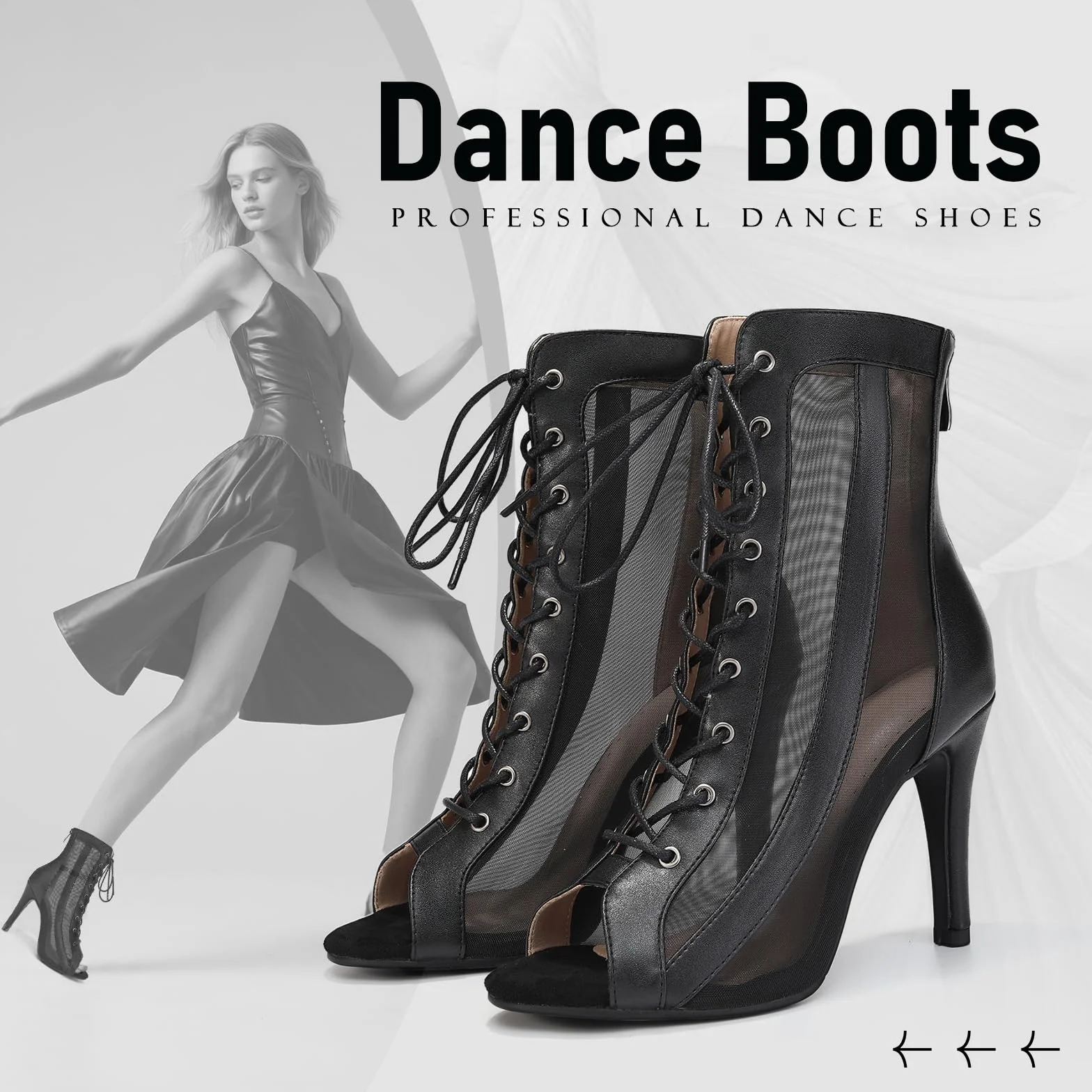 Damskie Buty do Tańca na Obcasie z Siateczką do Tańca Towarzyskiego Salsa Tango Performence Ankle Dance Boots