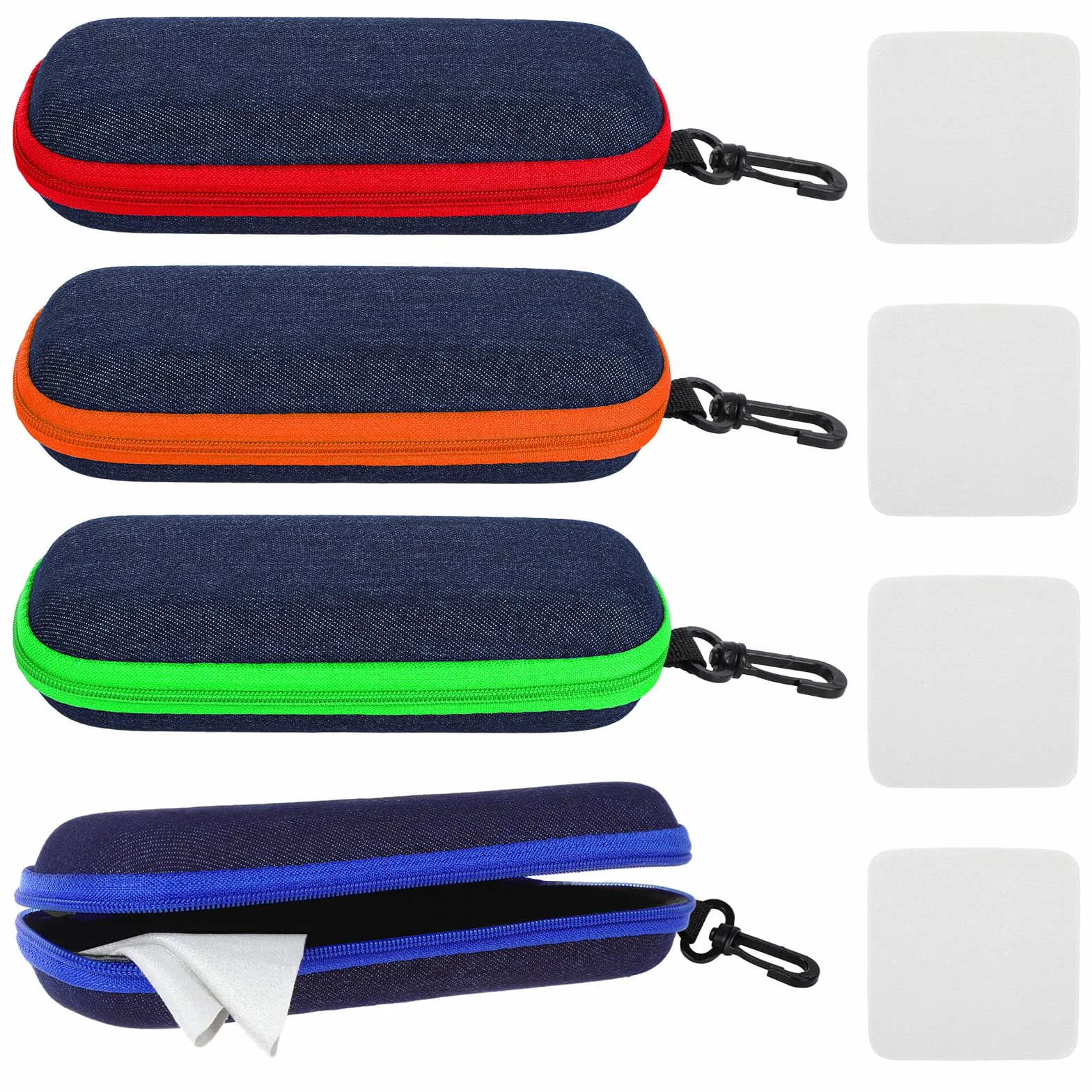 4 sztuki EVA przenośne etui na okulary, twarde etui, z karabińczykiem i zamkiem błyskawicznym, pudełko na okulary dla kobiet i mężczyzn, etui ze ściereczką z mikrofibry na okulary przeciwsłoneczne