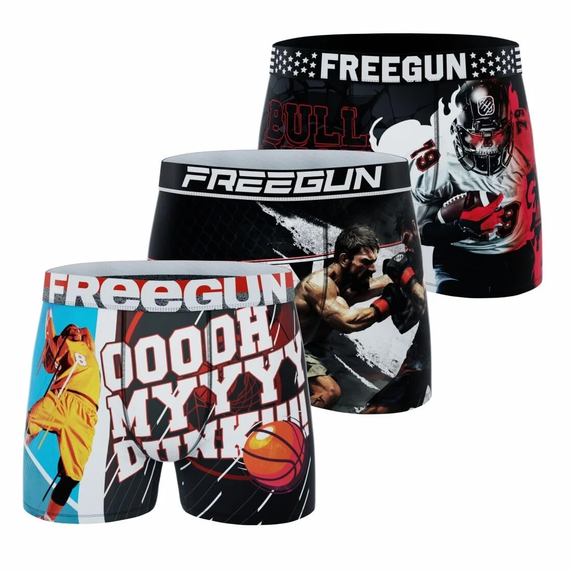 FREEGUN Sportowe bokserki dziecięce, oryginalne bokserki chłopięce, wyjątkowo miękkie i oddychające (zestaw 3) 14 lat/16 lat, Czarny/Czerwony/Biały/Niebieski, 14-16 ans