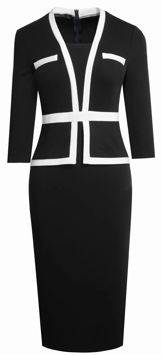 HOMEYEE Damska sukienka ołówkowa z rękawami 3/4 w stylu retro bodycon koktajlowa sukienka kopertowa B805