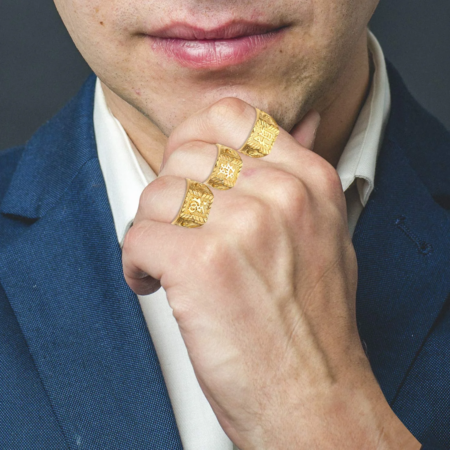 JewelryWe Biżuteria 3 szt. męski pierścionek pozłacany, królestwo/szczęście/bogactwo, obrączka, sygnet, regulowany rozmiar, stal szlachetna, Nie zawiera kamieni szlachetnych