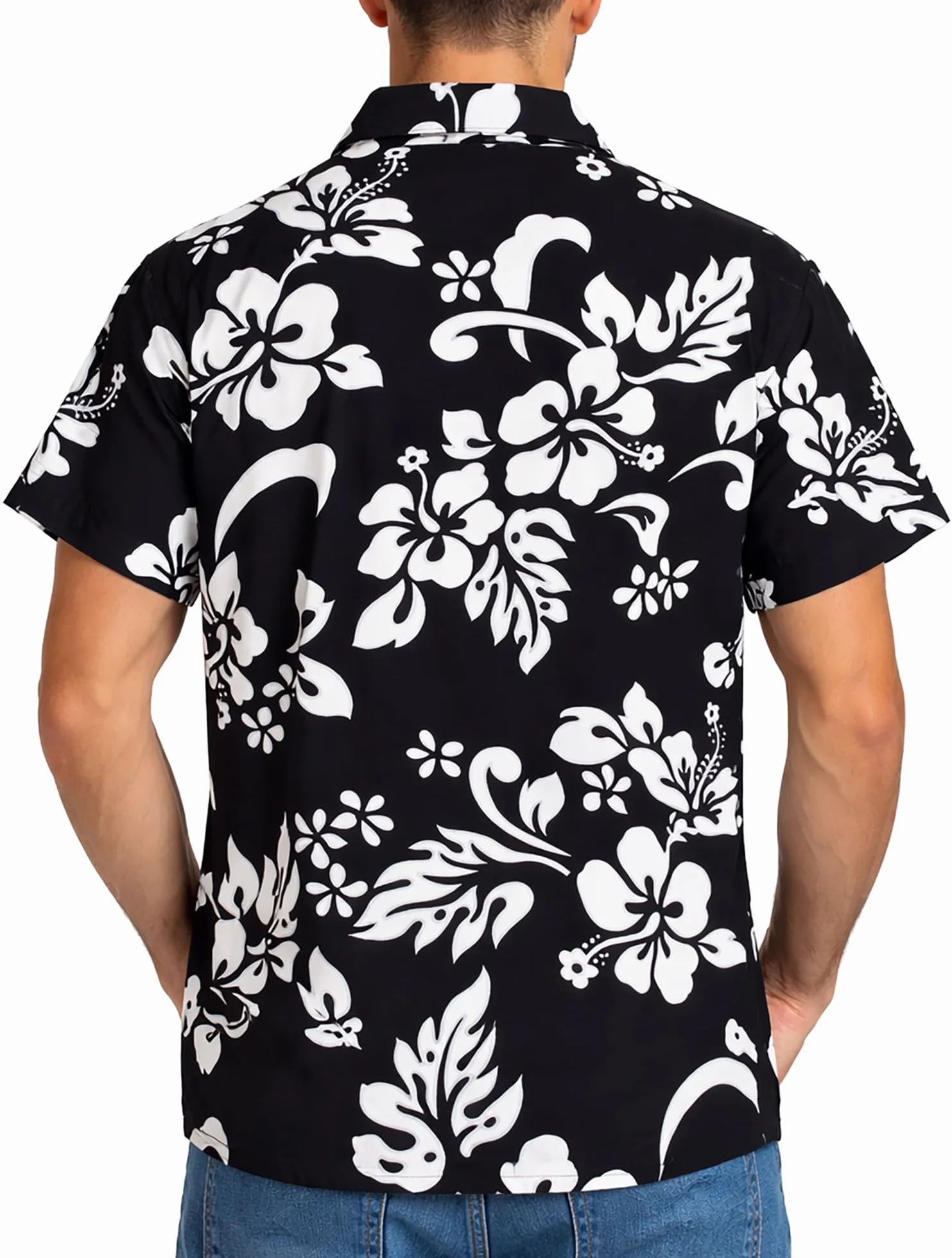 King Kameha Koszula hawajska męska Funky Casual kołnierz, kieszeń na piersi, uniseks, krótki rękaw, hibiskus, czarny i biały, 4XL