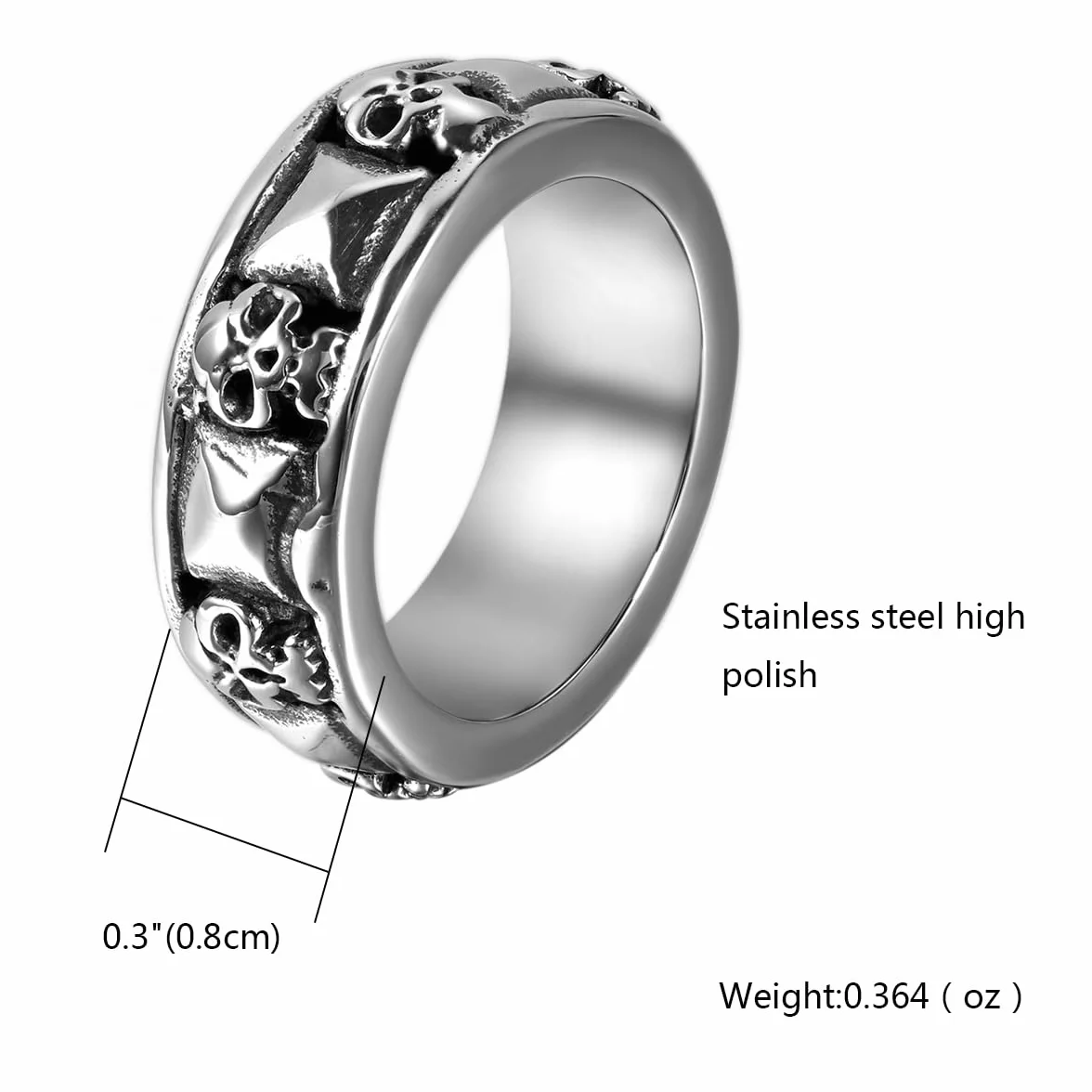 JewelryWe biżuteria, gotycki pierścień męski, trupia czaszka, piramida, stal szlachetna, czarny, srebrny