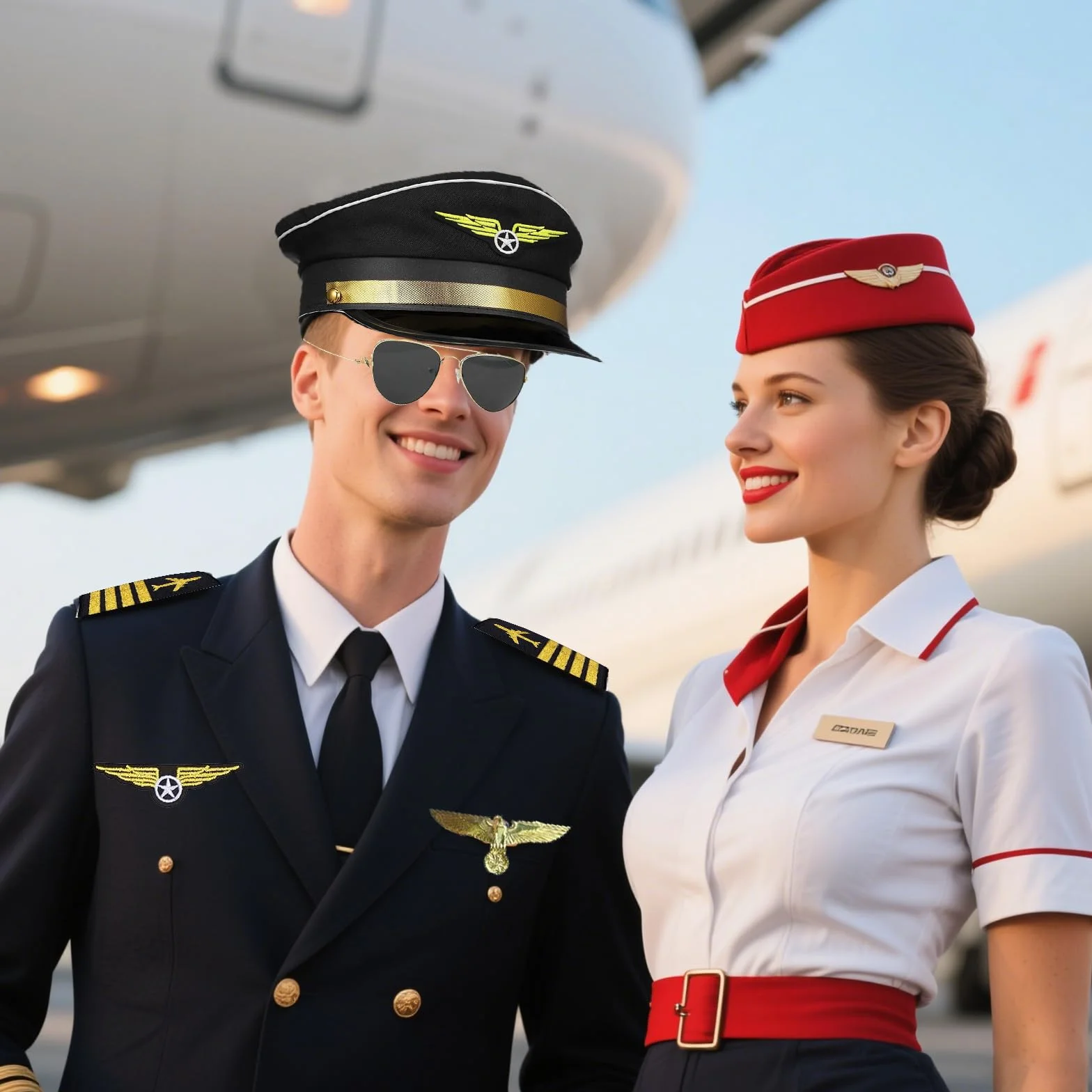 Kostium pilota, kostium kapitana, akcesoria do kostiumu, zestaw pilotów, kapitan, karnawał, pagony, paski, kapelusz pilotka, dla dorosłych i mężczyzn, na imprezę (czarny)