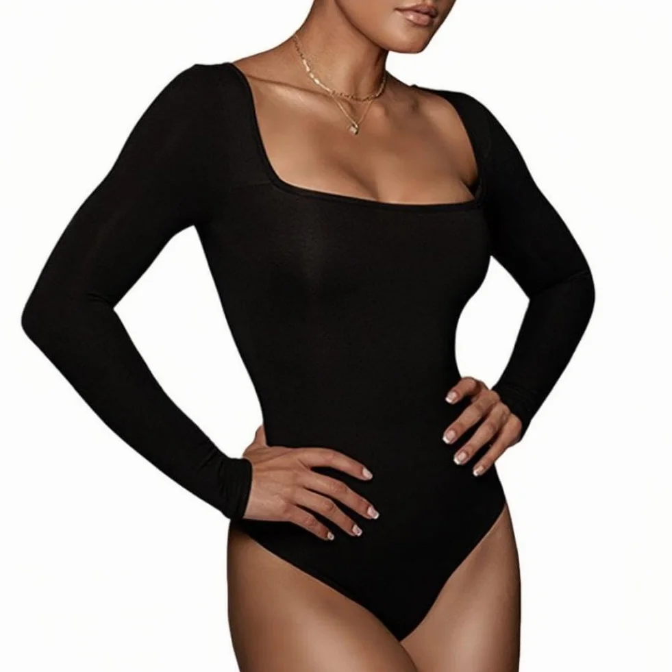 Body damskie z długim rękawem bodysuit z kwadratowym dekoltem seksowne body damskie z długim rękawem eleganckie eleganckie topy miękkie jednolity kolor casualowa rozciągliwa koszulka
