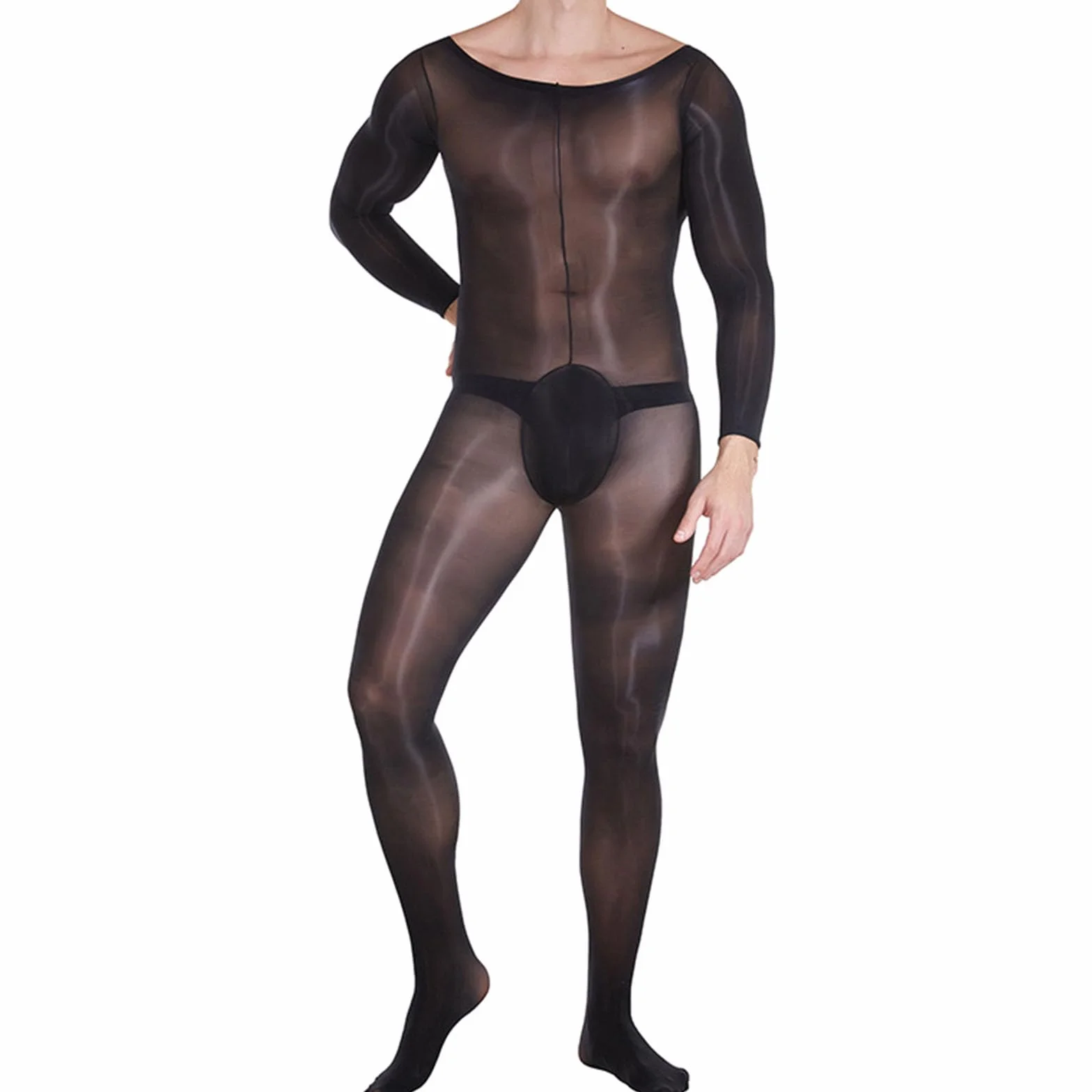 HTRUIYATY Męskie błyszczące bodystocking 8D rajstopy na całe ciało Men Jumpsuit elastyczne i stylowe body, czarny, M