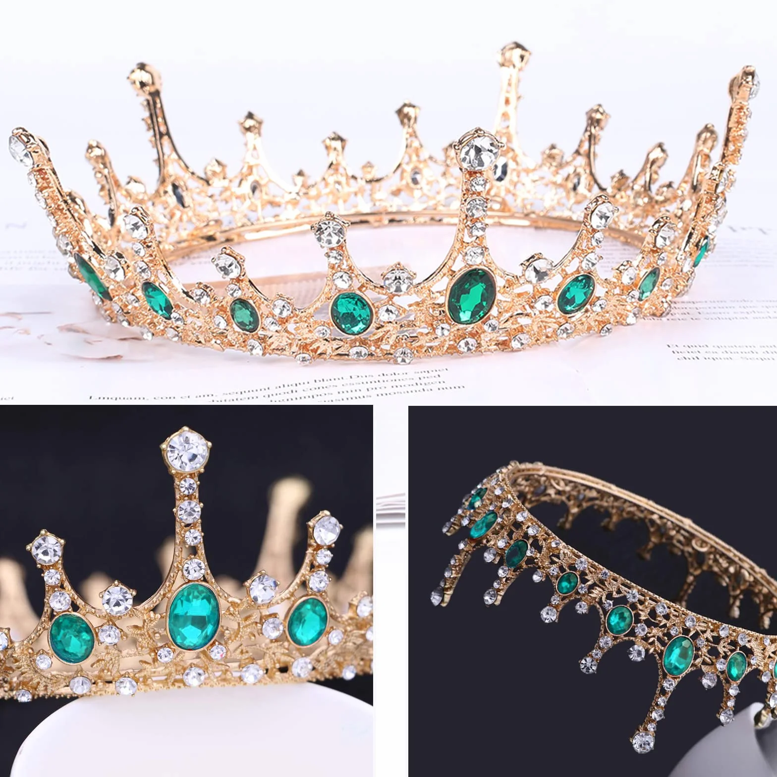 Korona ze strasu zielona tiara ślubna, korona diadem dla kobiet, używana w konkursach piękności, weselach, imprezach, fryzurach dla panny młodej