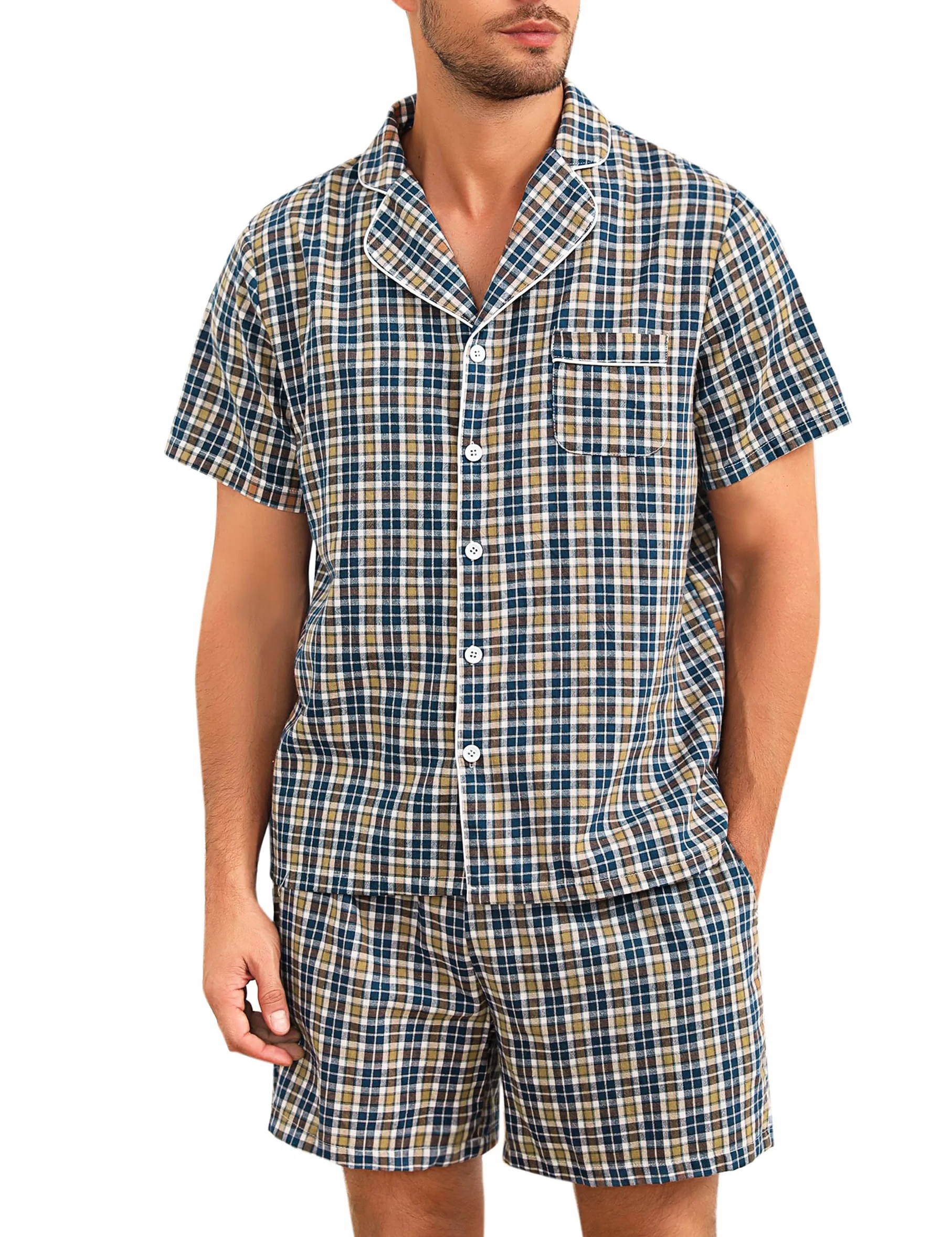 Męska piżama bawełniana krótka piżama lato krótki rękaw dwuczęściowa bielizna nocna Loungewear ze spodniami piżamowymi krótka S-XXL
